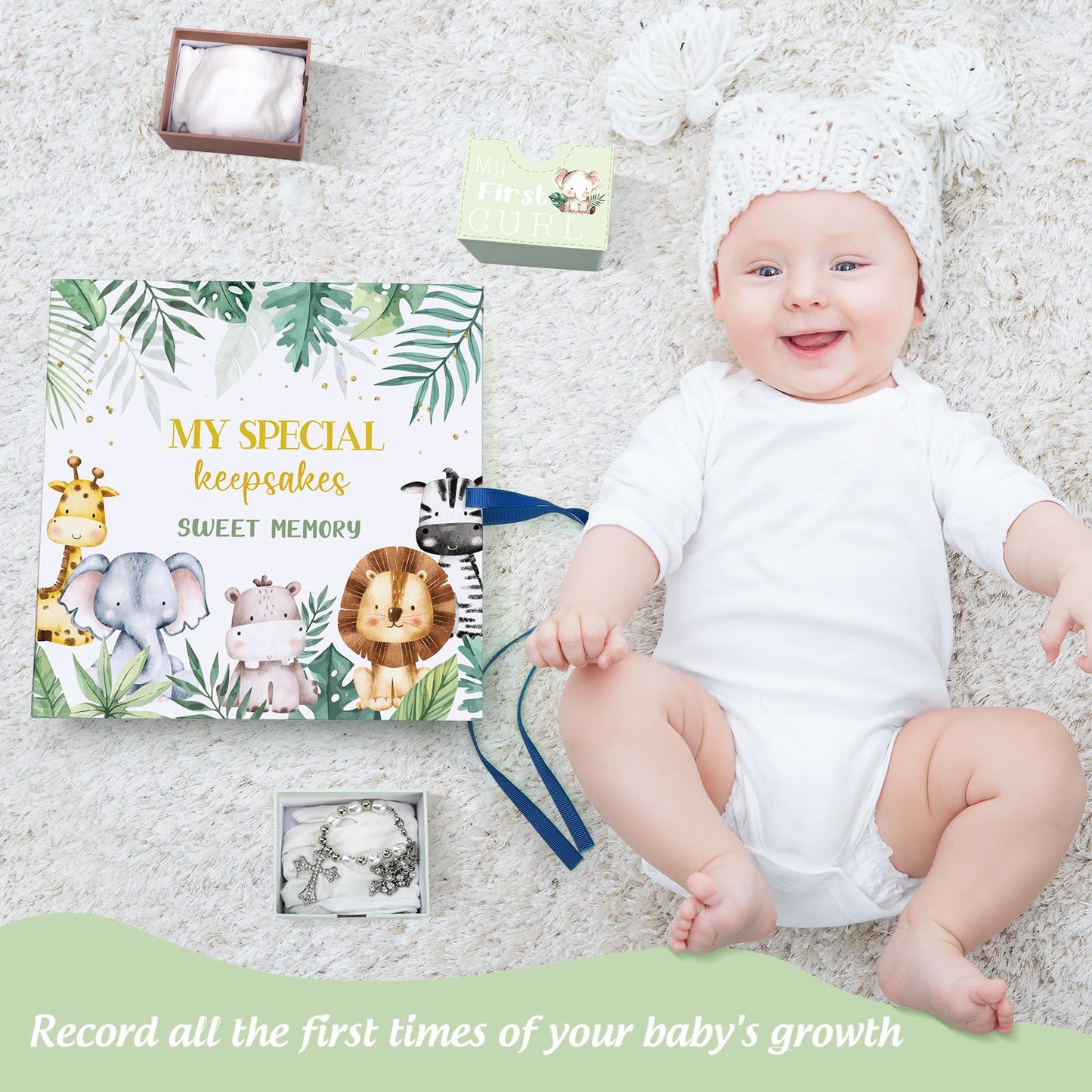 Beeveer Baby Keepsake Box Newborn Memory Organizer with 9 Labeled Compartments First Keepsake Book Gift Box for Pregnancy Mother"s Day Baby Shower New Maternity (Green,Jungle Animal)