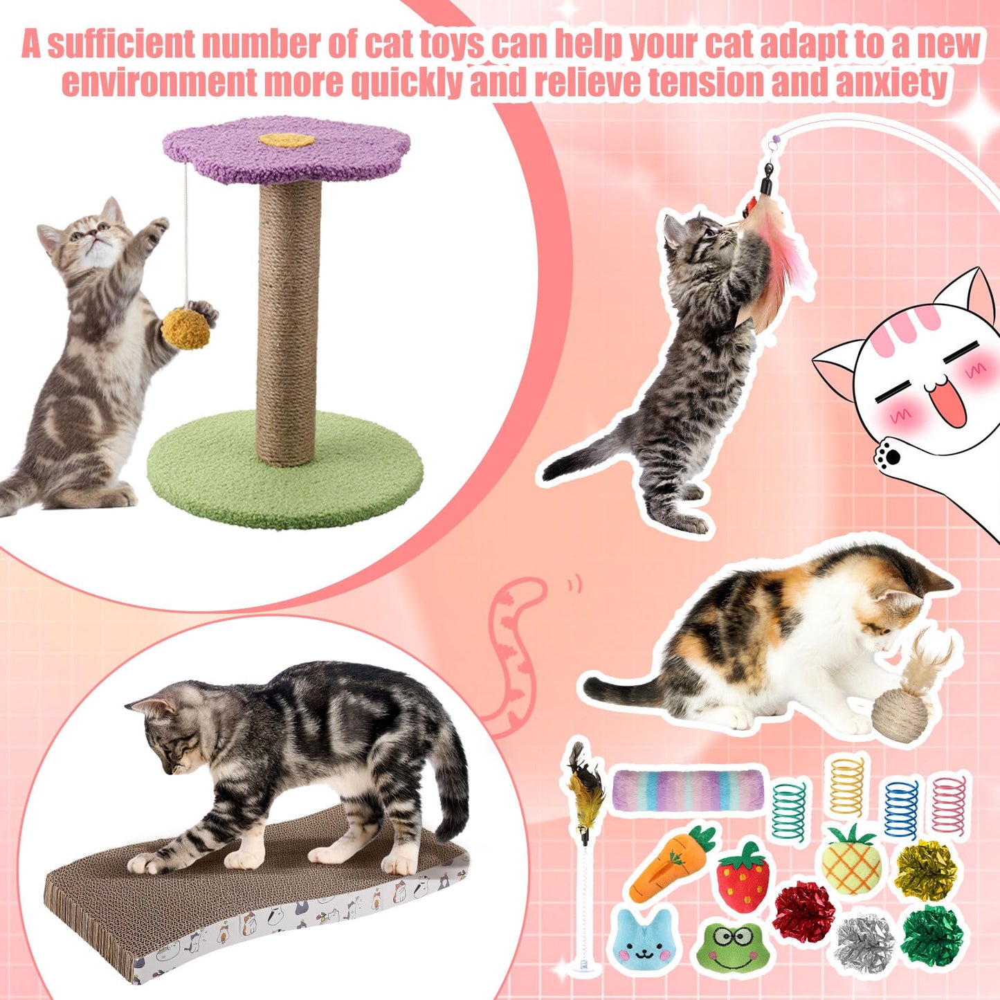 40 Pcs Kitten Starter Kit for Indoor Cats Include Litter Box, Carrier, Cat Bed, Climbing Post, Scratch Pad, Hammock, Feed Bowls, Mat, Collars, Nail File and More for Kitten Supplies Welcome Gift(Pink)