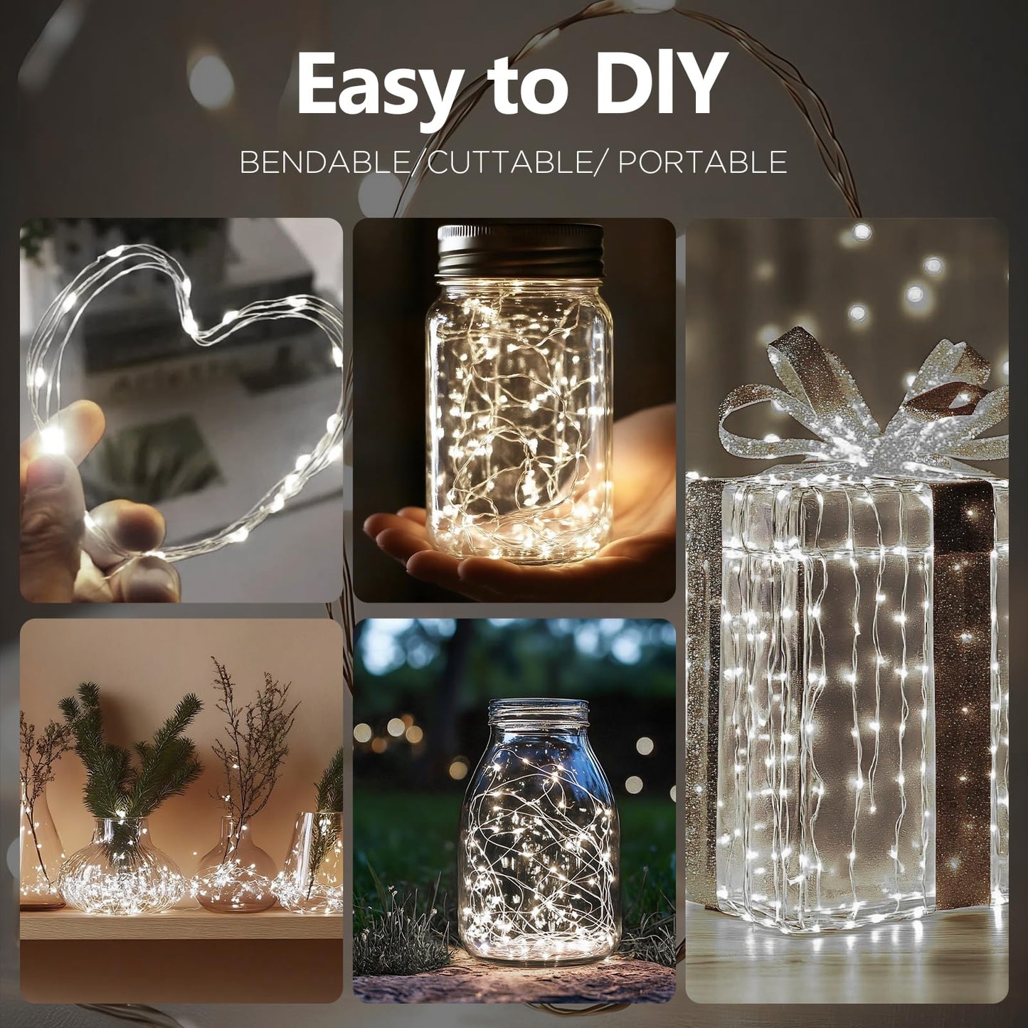 YPHSOL Fairy Lights String Lights 50LED Waterproof 16.4ft Copper Wire 8 Pack White