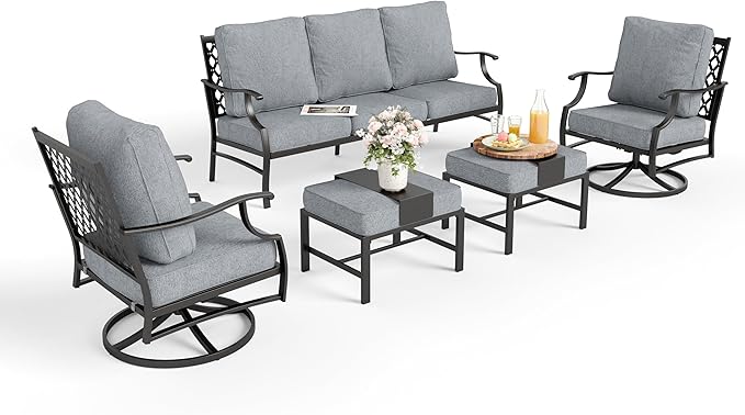 Patio Furniture Set 5 pcs, Outdoor Patio Furniture, 3-Seat Sofa, 2 Swivel Chairs, 2 Ottomans and 5.75" Extra Thick Cushion, Patio Conversation Set for Garden Backyard Deck,Grey