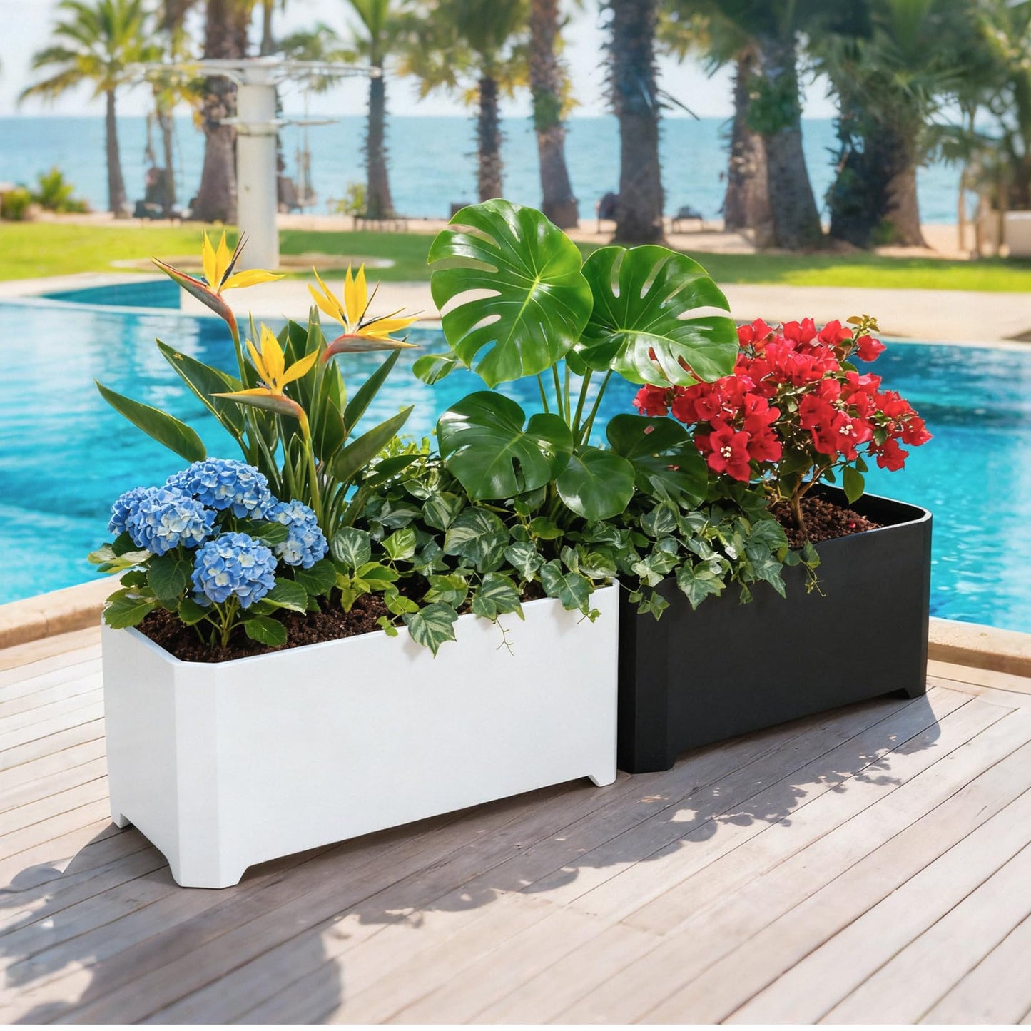 GJWCVL Steel Planter Box-36"x15"x15"-Large Rectangular Planters for Outdoor Plants, White Matel Planter Box Raised Support Feet for Patio, Deck, Garden, Yard, Drain Holes, Easy Assembly