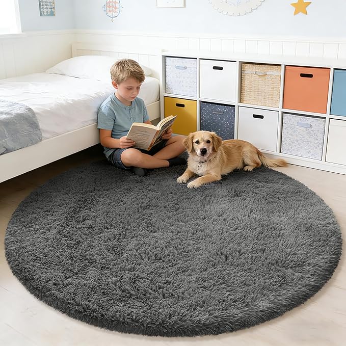 yulidayang Fluffy Round Area Rugs for Bedroom,3Ft Shag Circle Area Rugs for Living Room,Non Slip Fuzzy Plush Rug for Kids Room Boys Girls Room and Dorm,Deep Grey
