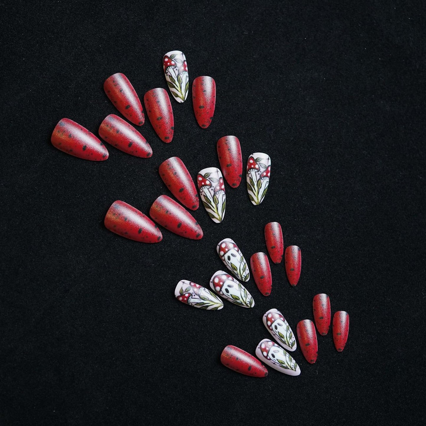 24Pcs Halloween Press on Nails Almond Long Fake Nails Matte Full Cover False Nails with Mushroom Ghost Designs Artificial Acrylic Nails Press ons Cute Halloween Stick on Nail for Women