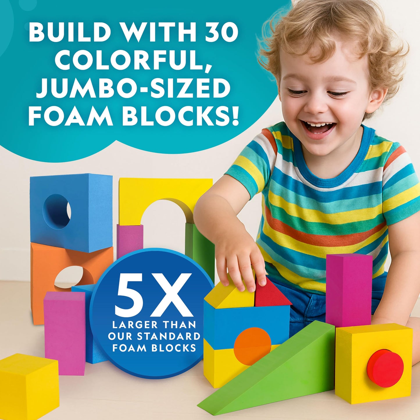 National Geographic Kids Jumbo Foam Blocks – 30-Piece Foam Building Blocks for Toddlers & Preschoolers, Soft Stackable Blocks with Storage Bag, Early Learning & Sensory Building Toy