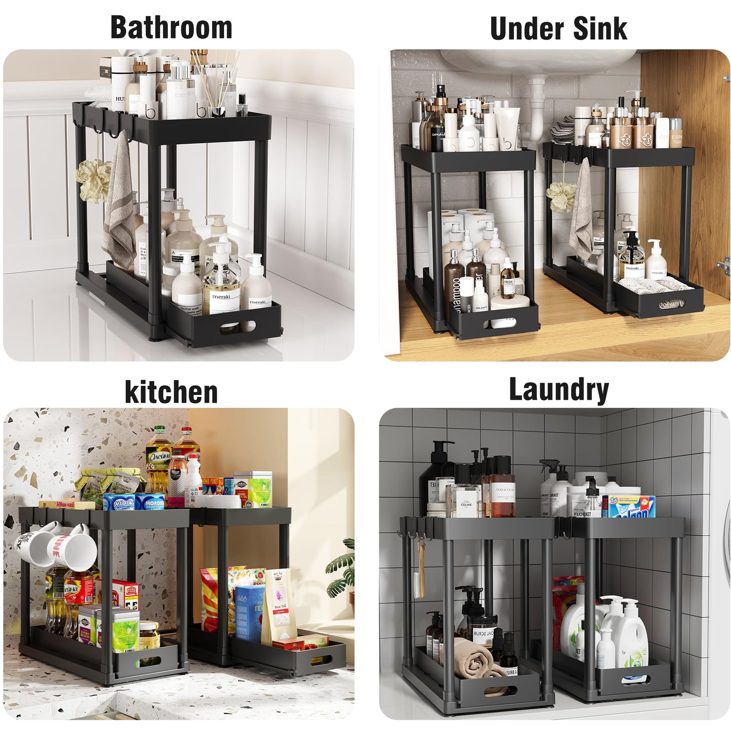 POUGNY 2 Pack Pull-Out Storage Organizers, Under Sink Organizer and Storage for Bathroom & Kitchen,Multi-Purpose Under Cabinet Organizers and storage Black