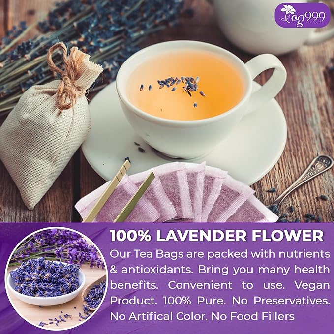 TOG999, Premium 30 Lavender Flower Tea Bags, 100% Natural & Pure. Loose Flower Lavender Herbal Tea. No Sugar, No Caffeine, No Gluten, Vegan.