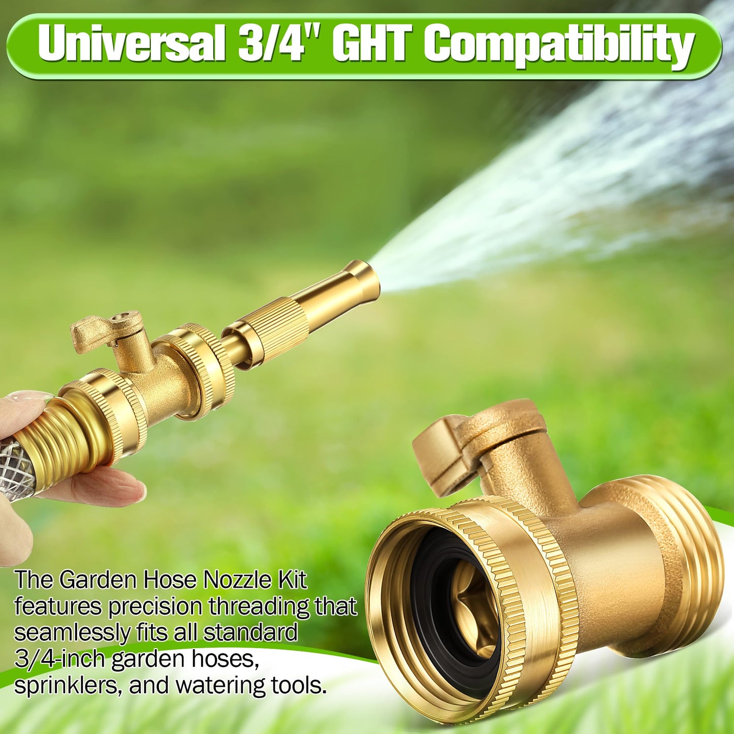 Dunkive 4 Pcs Garden Hose Nozzle Kit, 4" Brass Adjustable Twist Nozzle, Jet High Pressure Sprayer, Brass Shut Off Valve with 10 Rubber Washers, 3/4" GHT Connector for Sprinkler(Adjustable,4 in)