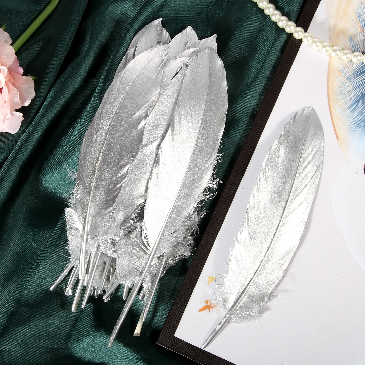 THARAHT 120pcs Silver Goose Feathers Natural Bulk 6-8 inch 15-20cm for Crafts DIY Cosplay Wedding Party Halloween Decoration Goose Nagoire Feathers