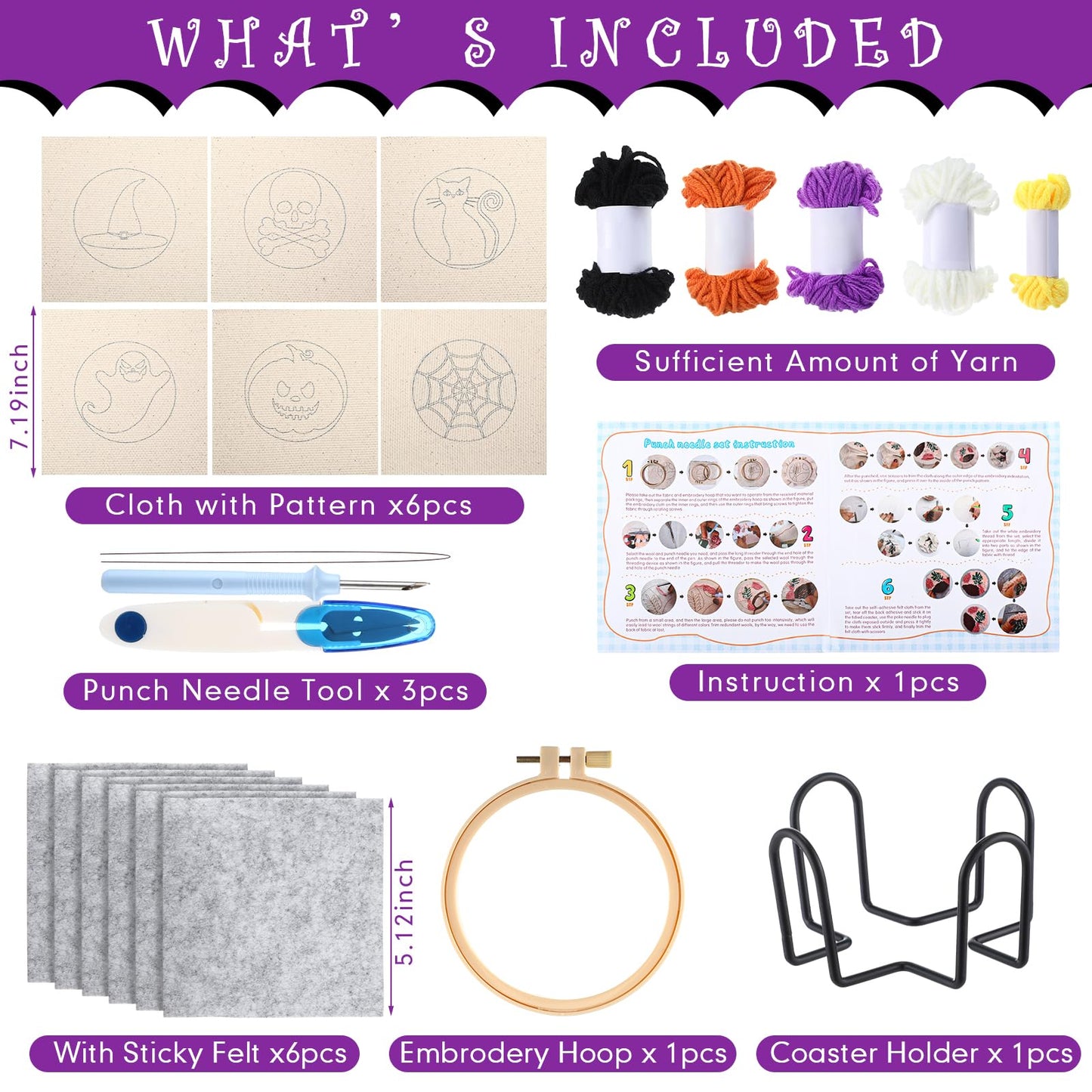 Yaomiao 6 Pcs Halloween Punch Needle Coaster Kit Punch Needle Embroidery Kits Craft Supplies with Patterns Yarns Tools Adhesive Felt Embroidery Hoop Instruction Holder for Adult DIY
