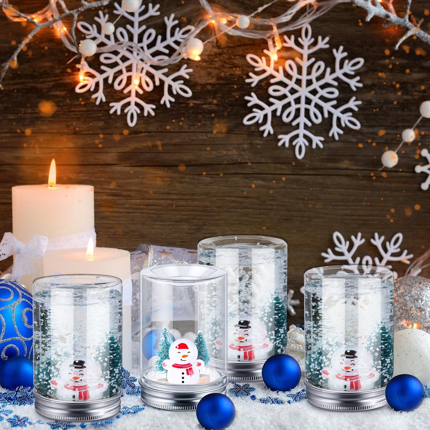 Jerify 36 Sets Christmas Plastic DIY Snow Globes Kit for Craft Adult Includes 36 Clear Snow Globe 3.1", 72 Mini Pine Tree with Base, 36 Miniature Snowman and Fake Snowflake for Table Home Xmas Decor