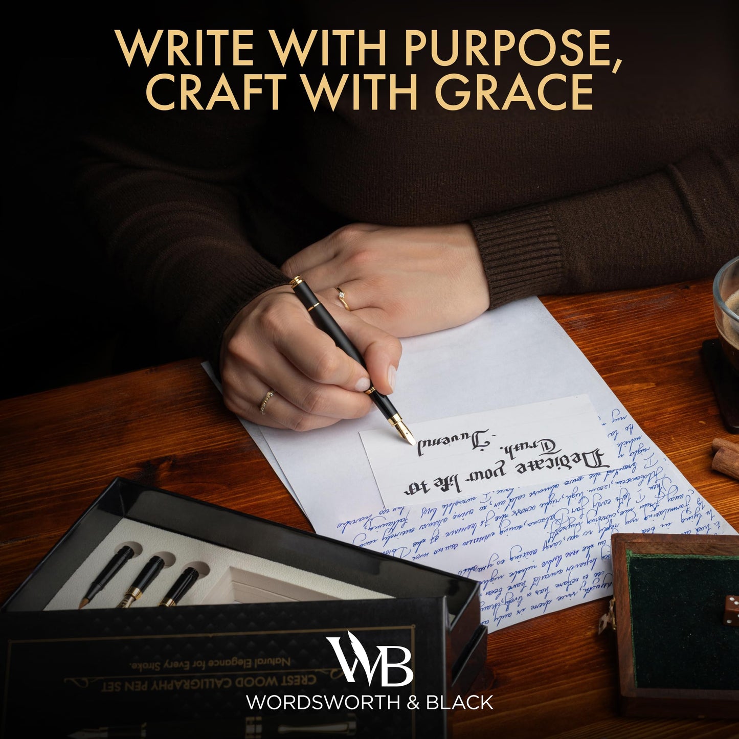 Wordsworth & Black Calligraphy Pen Gift Set, Includes Ink Bottle, 6 Ink Cartridges, Ink Refill Converter, 6 Replacement Nibs, Luxury Bamboo, Journaling, Smooth Writing Pens [Black Wood]