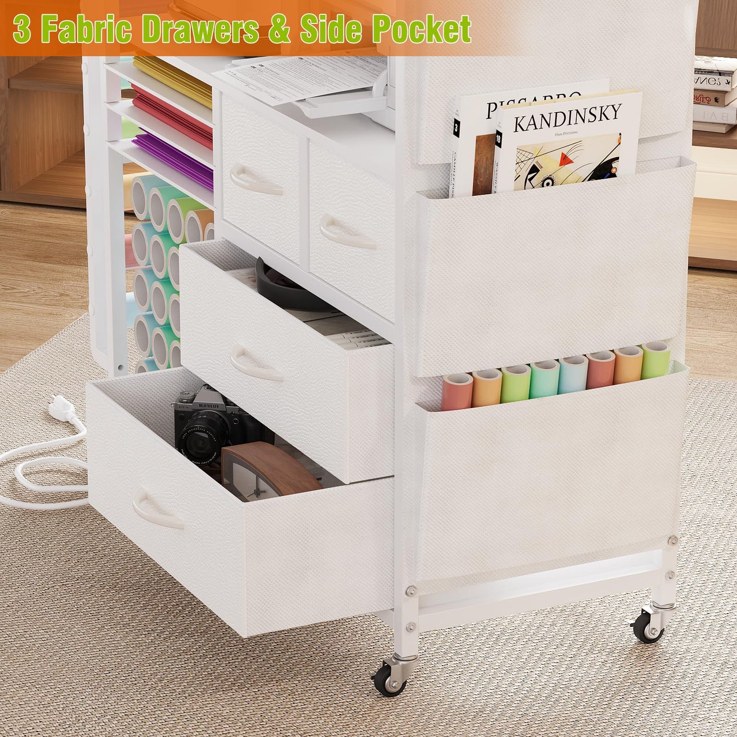 VENNQD Large Craft Organizer and Storage Rolling Cart Compatible with Cricut Machine with Fabric Drawers Vinyl Roll Holder Accessories for Home Craft Workstation Room (White)