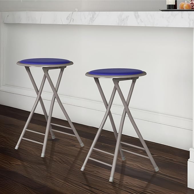 Lavish Home Folding Stool Set - Set of Two 24-Inch Padded Stools with 225lb Capacity for Kitchen, Dorm, or Rec Room - Portable Stools for Adults - Collapsible Sitting Stool Set for Seating (Blue)
