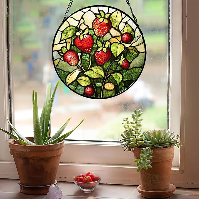 Stained Glass Window Hanging - Red Strawberry Suncatcher for Doors Window Home Green Plant Sun Catchers Decor Christmas Mother's Day Birthday Gifts for Teacher Women Men Mom Nana 9.8 in