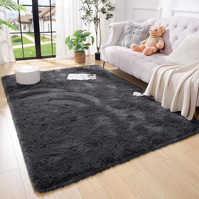 Amearea Premium Soft Area Rug 4x5.3 Feet, Grey Rugs for Living Room, Fluffy Carpet for Bedroom Nursery Playroom Teen Home Decor, Comfortable Indoor Furry Dorm Carpets, Dark Grey