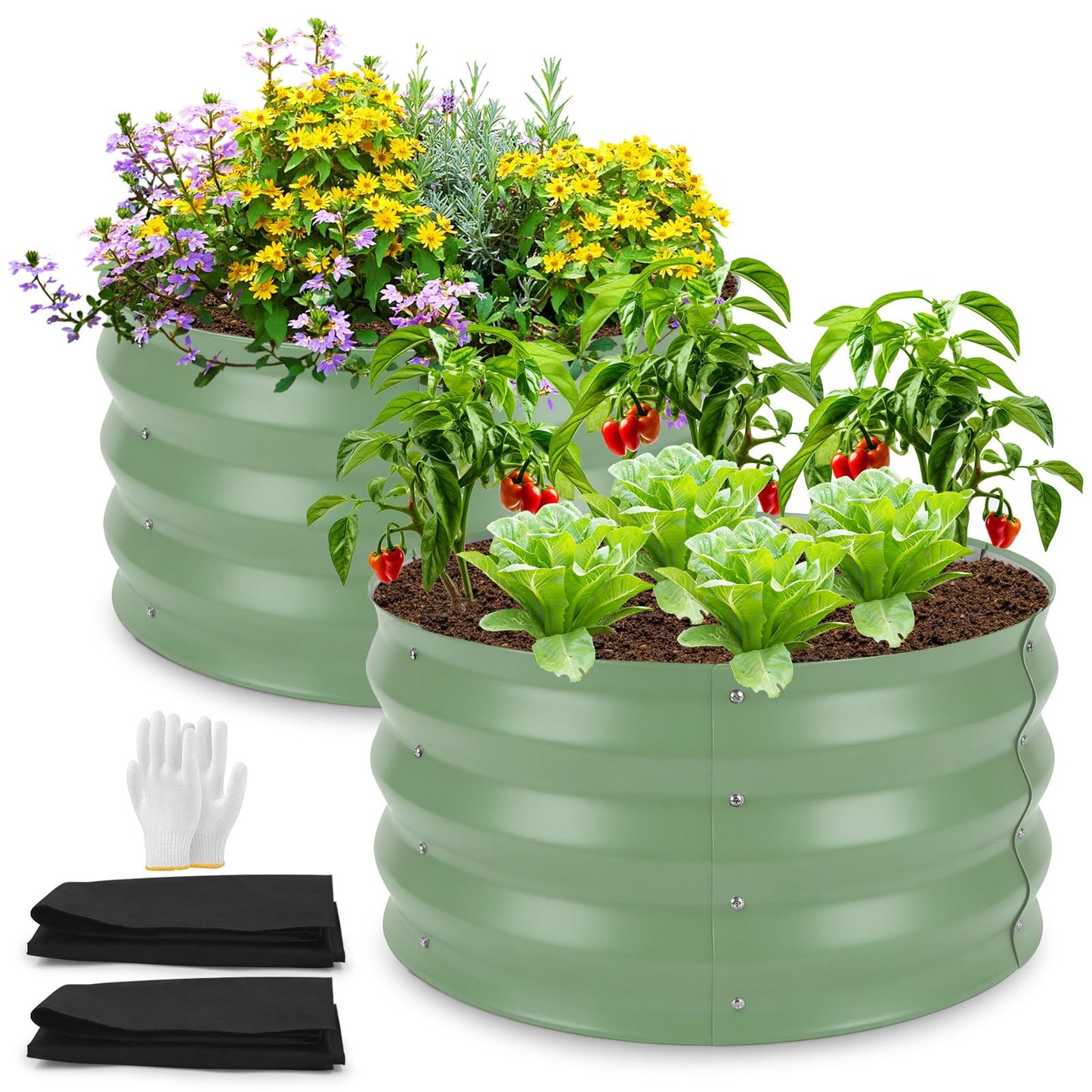 Cycayit Round Metal Raised Garden Bed 2 Pack with Fabric Liners, 2 ft × 2 ft × 1 ft, Outdoor Planters for Backyard, Patio & Garden (sage Green)