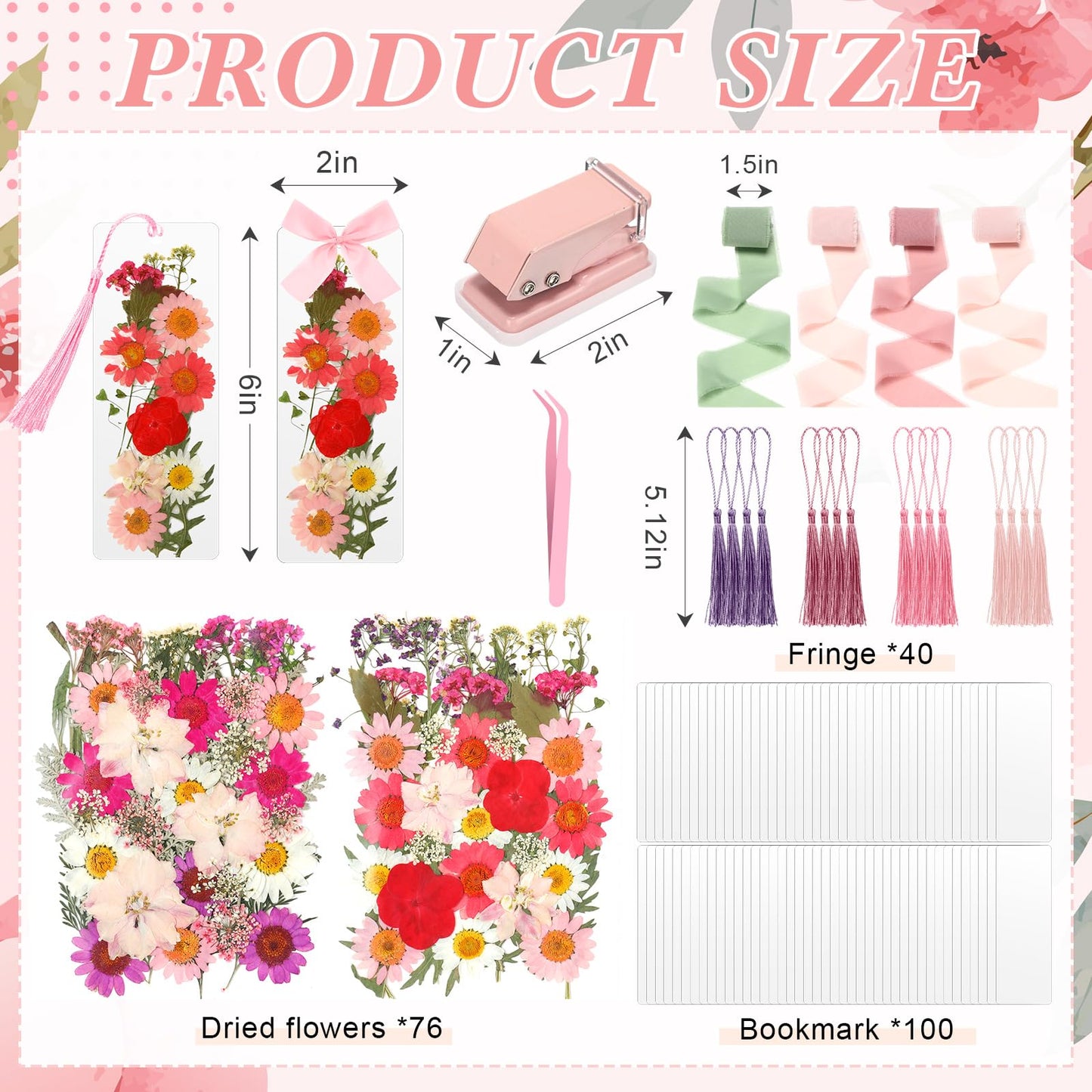 AmazingSpark 222 Pcs Dried Flower Bookmark Making Kit Include DIY Pressed Flower Colorful Tassels Ribbons and Transparent Bookmark Laminating Pouches 2 x 6 Inch(Pink)