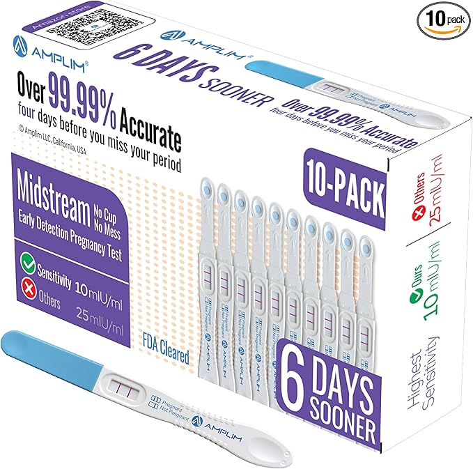 AMPLIM HCG Early Detection Pregnancy Test Bulk Stick – 6-Days Sooner, Extra Sensitive 10 MIU/mL, FSA HSA, Midstream – Mom 2-Sec Easy Home Tests, 99.99% Accurate Pregnant Test Result, ept 10-Pack