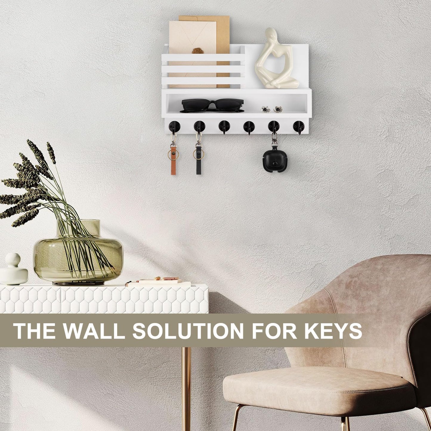 Lucundm Key and Mail Holder Wall Mount, Key Hanger with Long Storage Box and Key Hooks for Coat, Dog Leash, Home Decor Rack, House Accessories, Entry Way Organizer