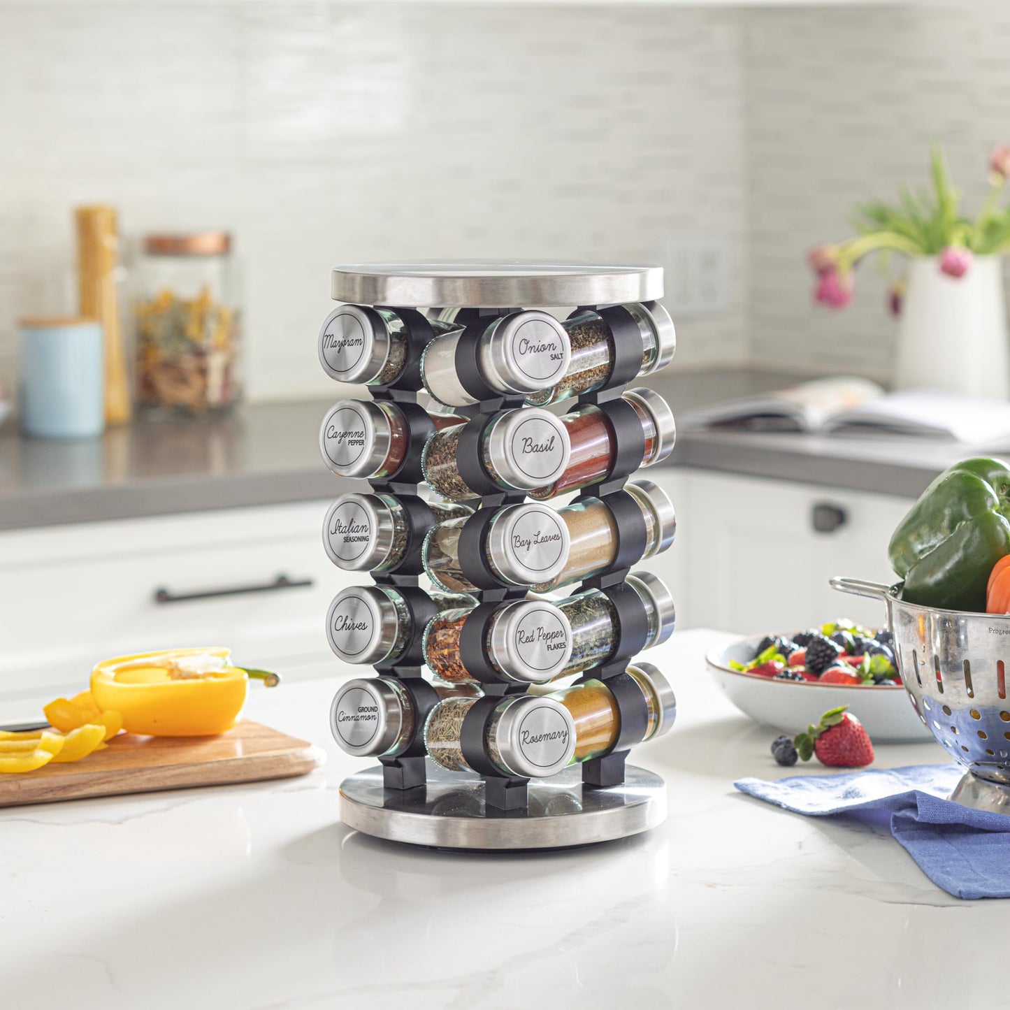 Orii 20 Jar Rotating Spice Rack with Spices Included & 5-Year Free Spice Refill Program – Stainless Steel Revolving Countertop Spice Rack with 3 oz Glass Jars