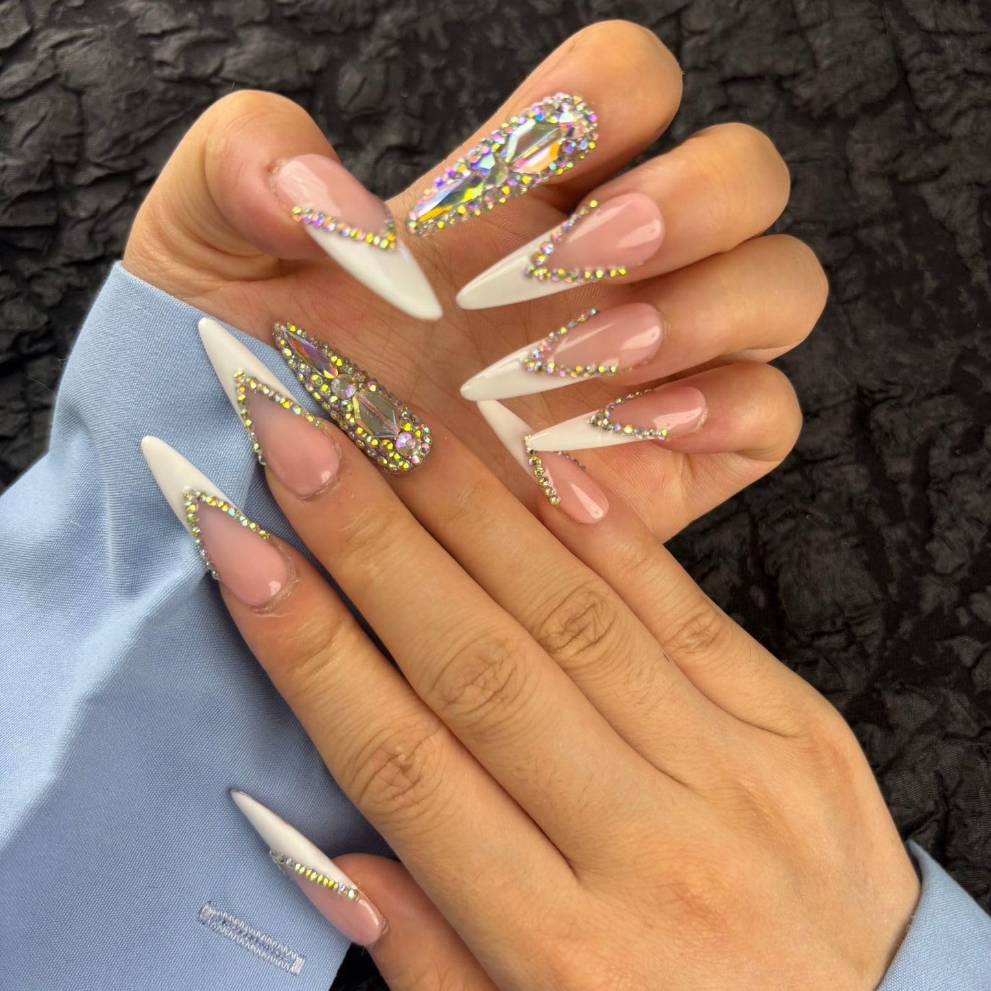 Yabonica French Tip Press On Nails Long Stiletto,10 Pcs Handmade Acrylic Fake Nails Press Ons Salon Design Stick On Nails,Luxury UV Gel Glue On False Nails with 3D Rhinestone (Middle Size)