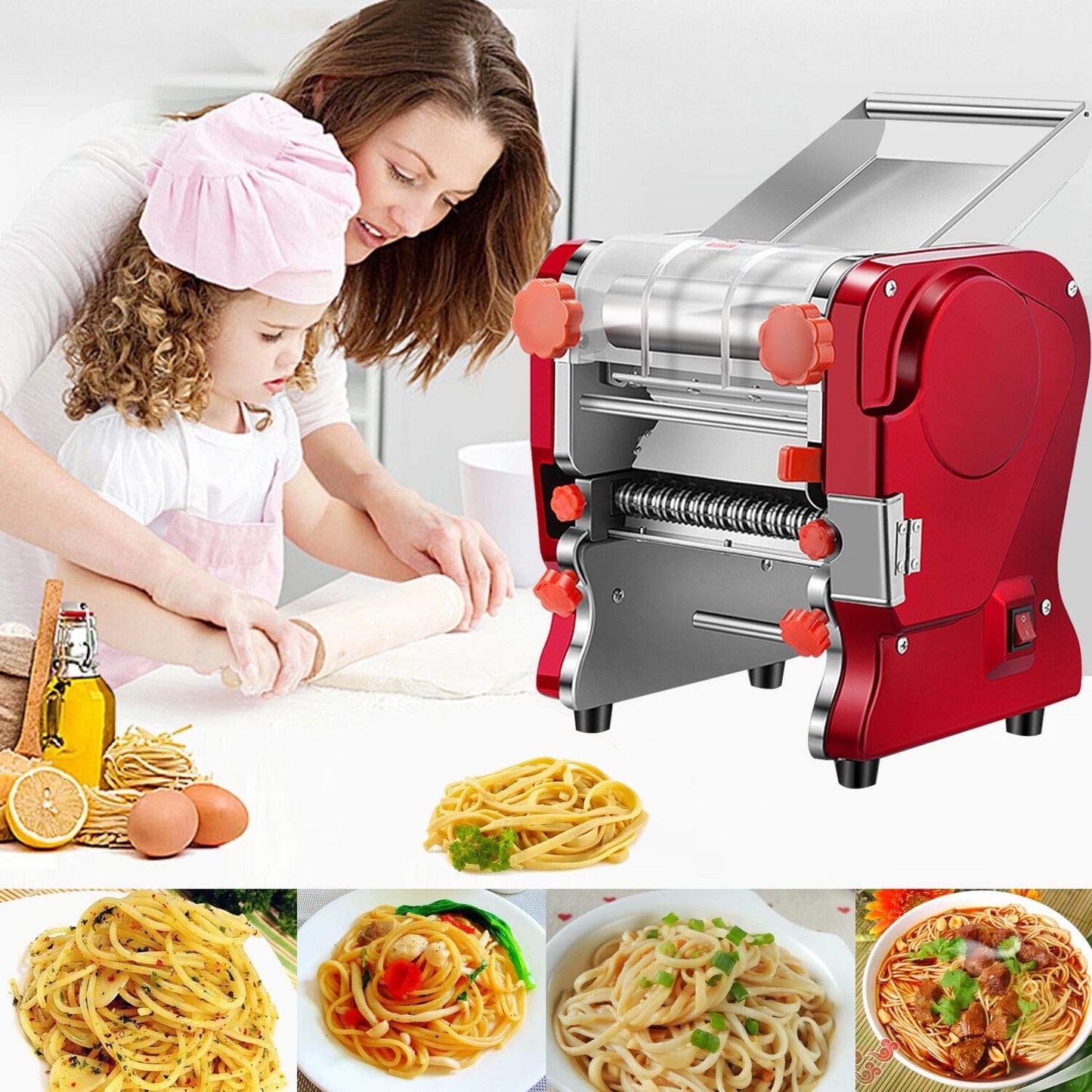 LEONEBEBE Pasta Maker Machine,Electric Noodle Maker&Dumpling Machine for Commercial&Home Use,Stainless Steel Dual-Cutter No Disassembled-3/9mm Width Noodle/Thickness Dough-Auto Noodle Sheeter