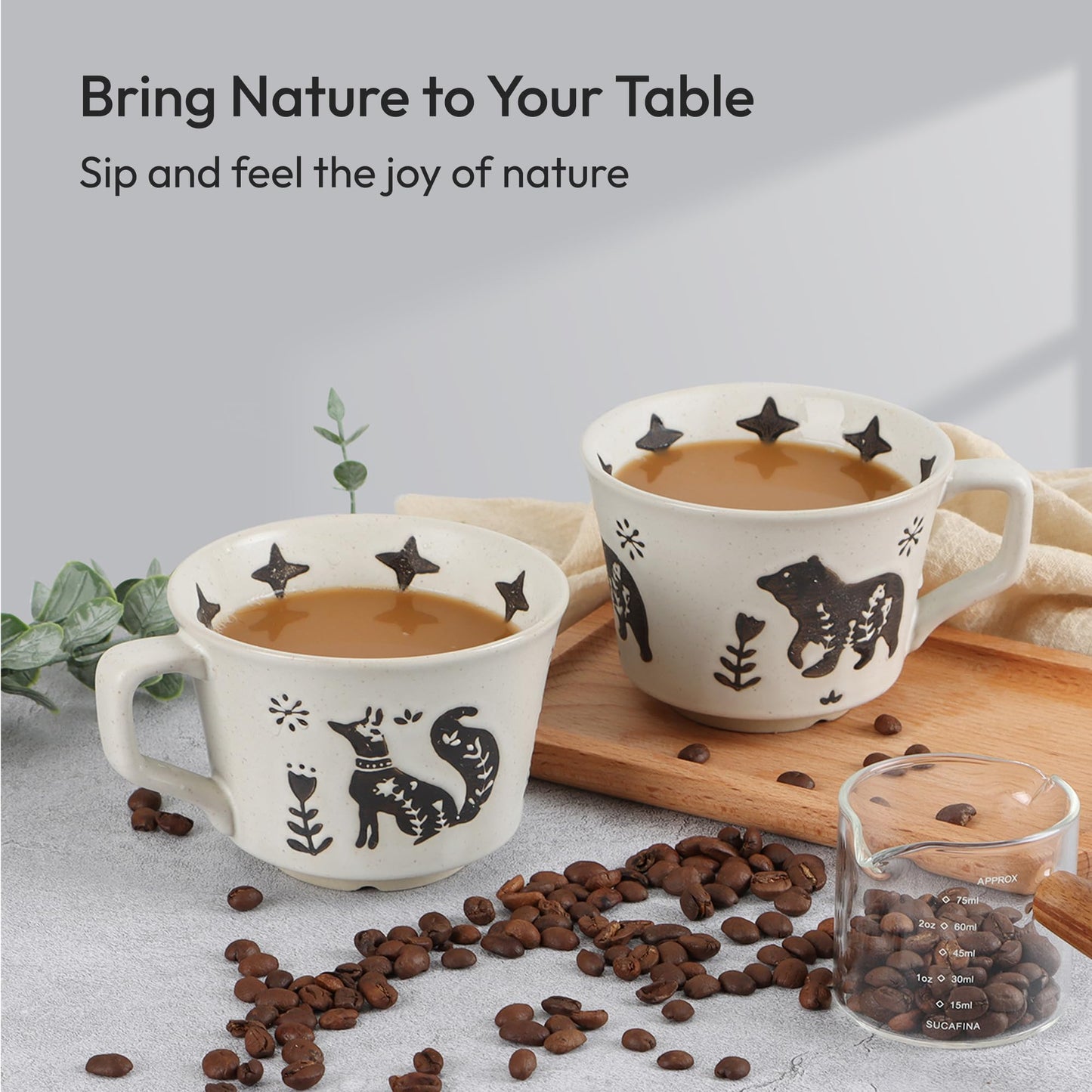 LINVIA Ceramic Coffee Mug, 11 oz Small Novelty Unique Teacup with Handle, Stoneware Cup for Tea Mocha Latte Cappuccino (Set of 4, Fox and Bear)