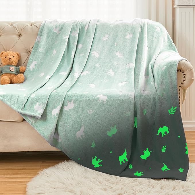 SOCHOW Glow in The Dark Throw Blanket 60 x 80 Inches, Elephant Pattern Soft Cozy Flannel Fleece Blanket for Daughters Sons, All Seasons Green Presents Blanket for Preteens Teens