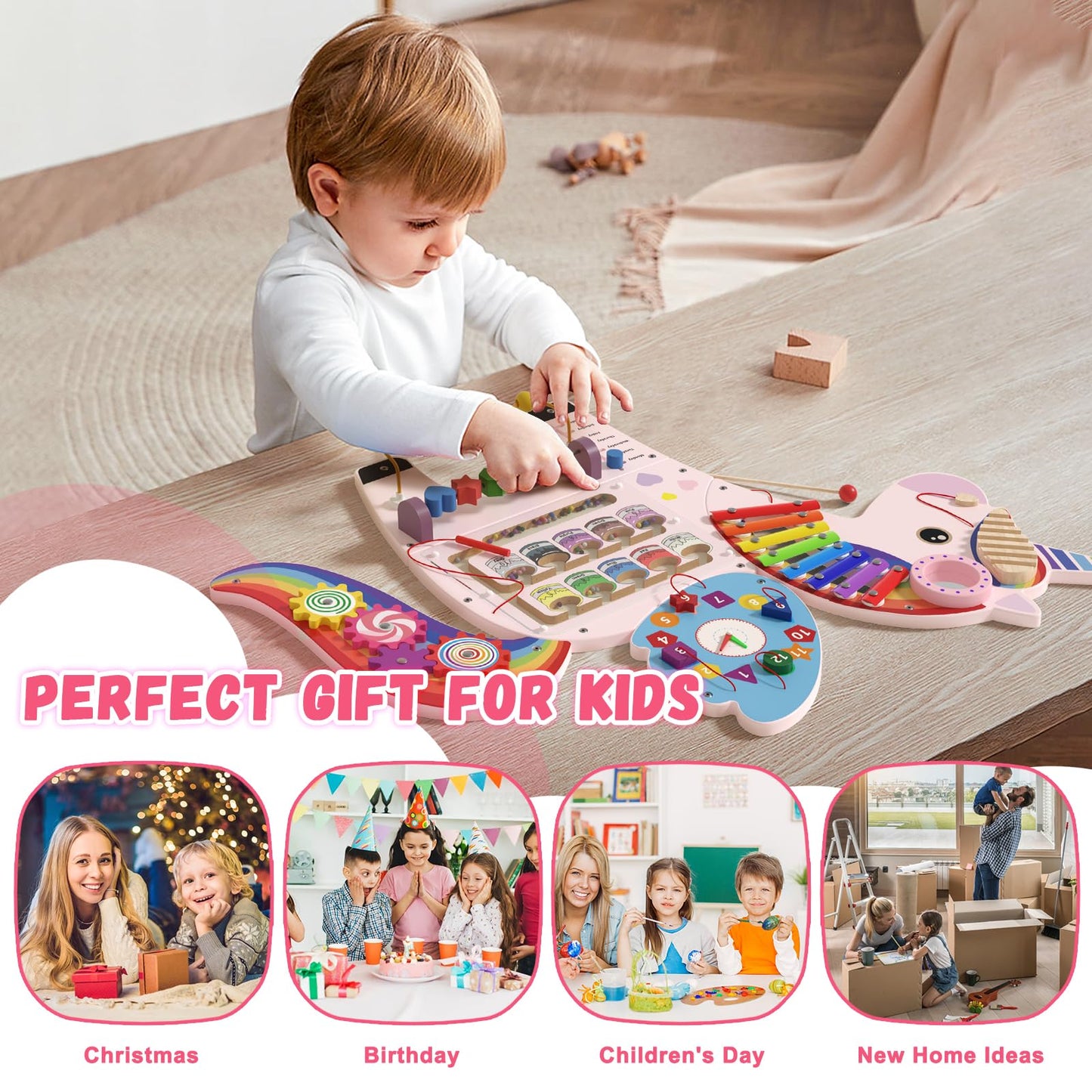 Spacocld Unicorn Activity Wall Busy Board Panels - Sensory Wall Panel for Kids, Montessori Toddler Wall Activity Board, Wall Toys for Toddlers 3, Activity Cube, Perfect for Toddler Playroom, Pink