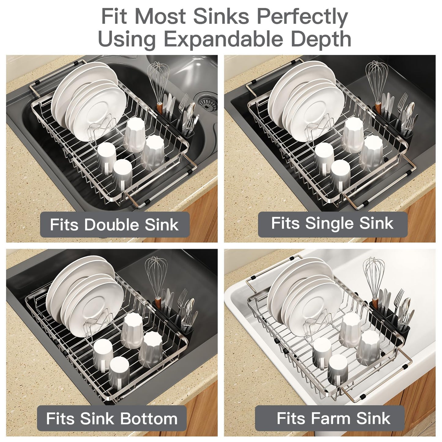 MAJALiS Dish Drying Rack Over The Sink, Expandable Stainless Steel Dish Drainer for Small Kitchen Counter Space Saving, RV Compact Plate Strainer In Silver Metal with Hanging Adjustable Utensil Holder