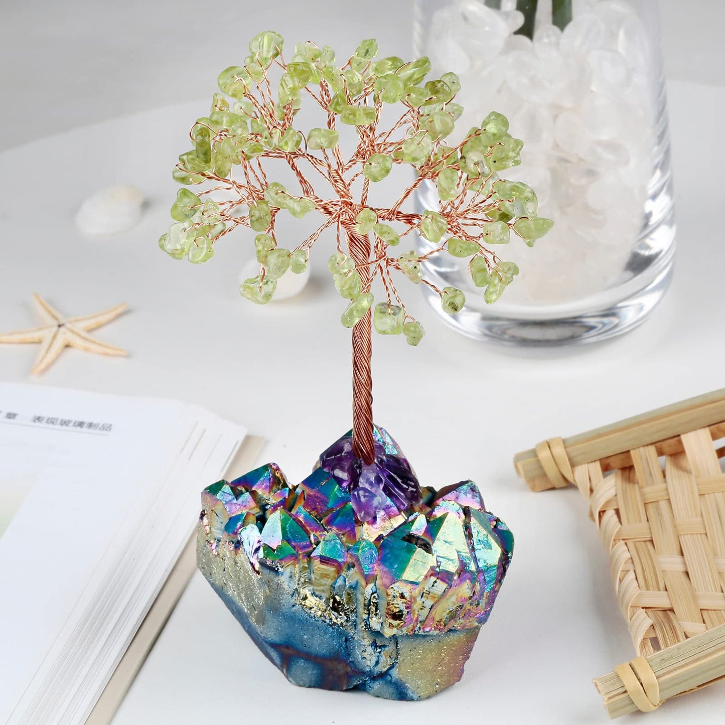 mookaitedecor Peridot Crystal Tree on Rainbow Titanium Crystal Cluster Stone Base Money Tree of Life for Good Luck Table Decoration 4.5-5.7 Inches