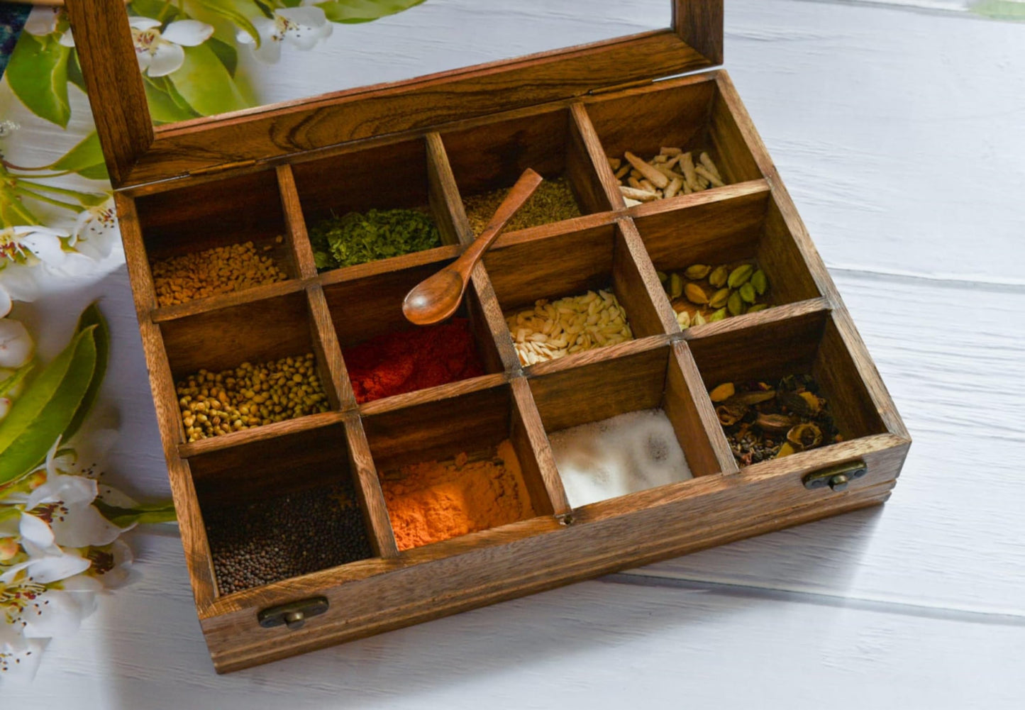 Indian Wooden Spice Box/Mango Wood Spice Boxes Housewarming Gift, Mother’s Day Gift "MADE IN INDIA"- 12 container- 12x3 inch