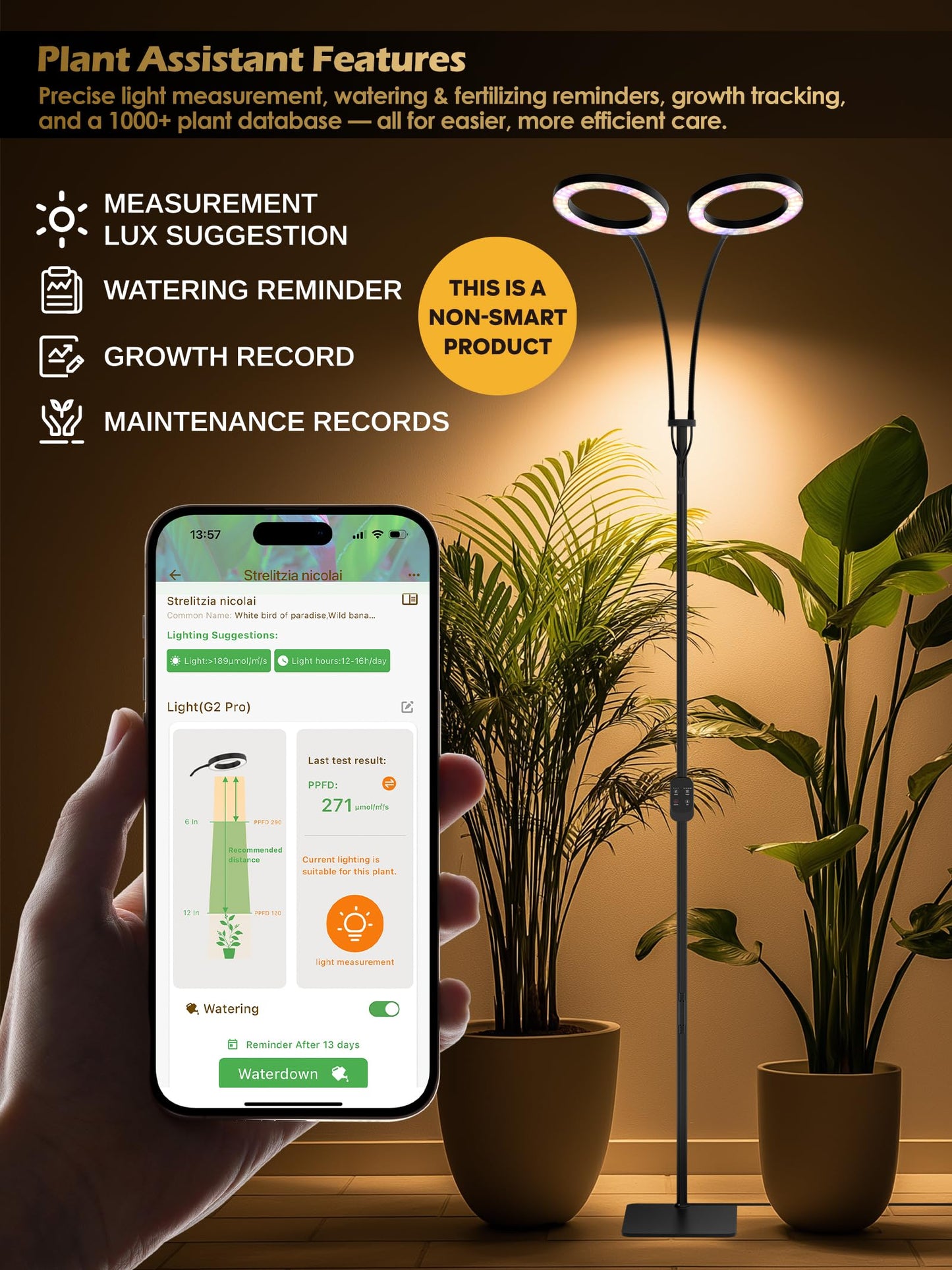 GLOWRIUM Grow Lights for Indoor Plants, Full Spectrum LED Grow Light, Stepless Dimming,3 Lighting Mode and Adjustable Height, Plant Light with 3/9/12/16H Timer (Black, Dual Heads)