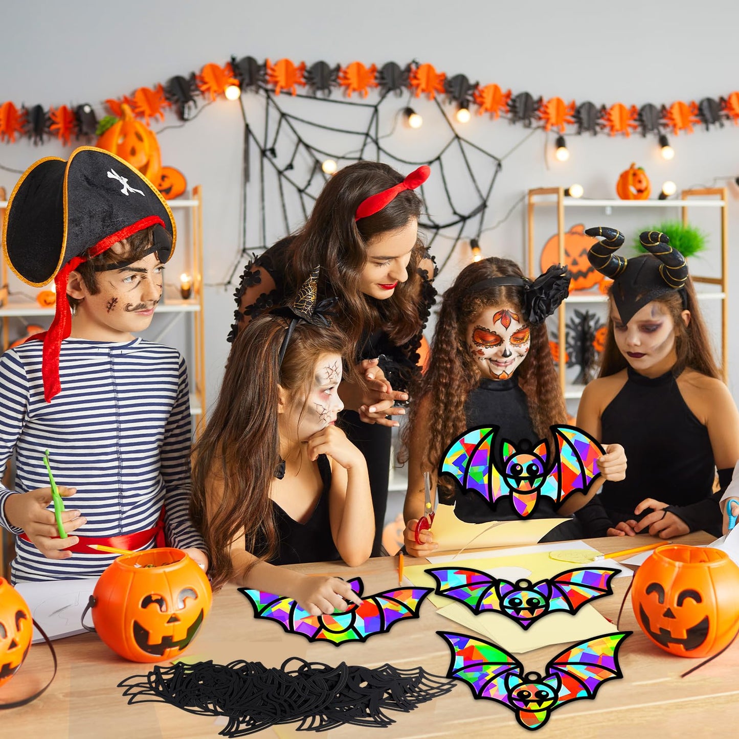 QOUBAI 32 Sets Halloween Bats Suncatchers Craft Kit DIY Window Stained Glass Effect Halloween Bats Paper Crafts Home School Classroom Decoration Kid Birthday Gift Creative Art Project Activity Game