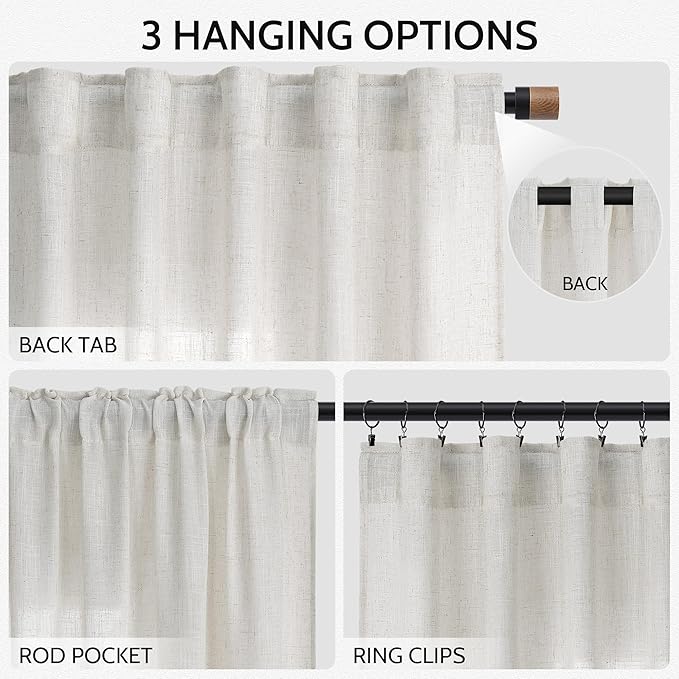 Nanspring Natural Linen Curtains for Living Room 92 Inches Long Rustic Farmhouse Decor Light Filtering Semi Sheer Curtain Back Tab and Rod Pocket Luxury Drapes for Bedroom Office 52x92, 2 Panels