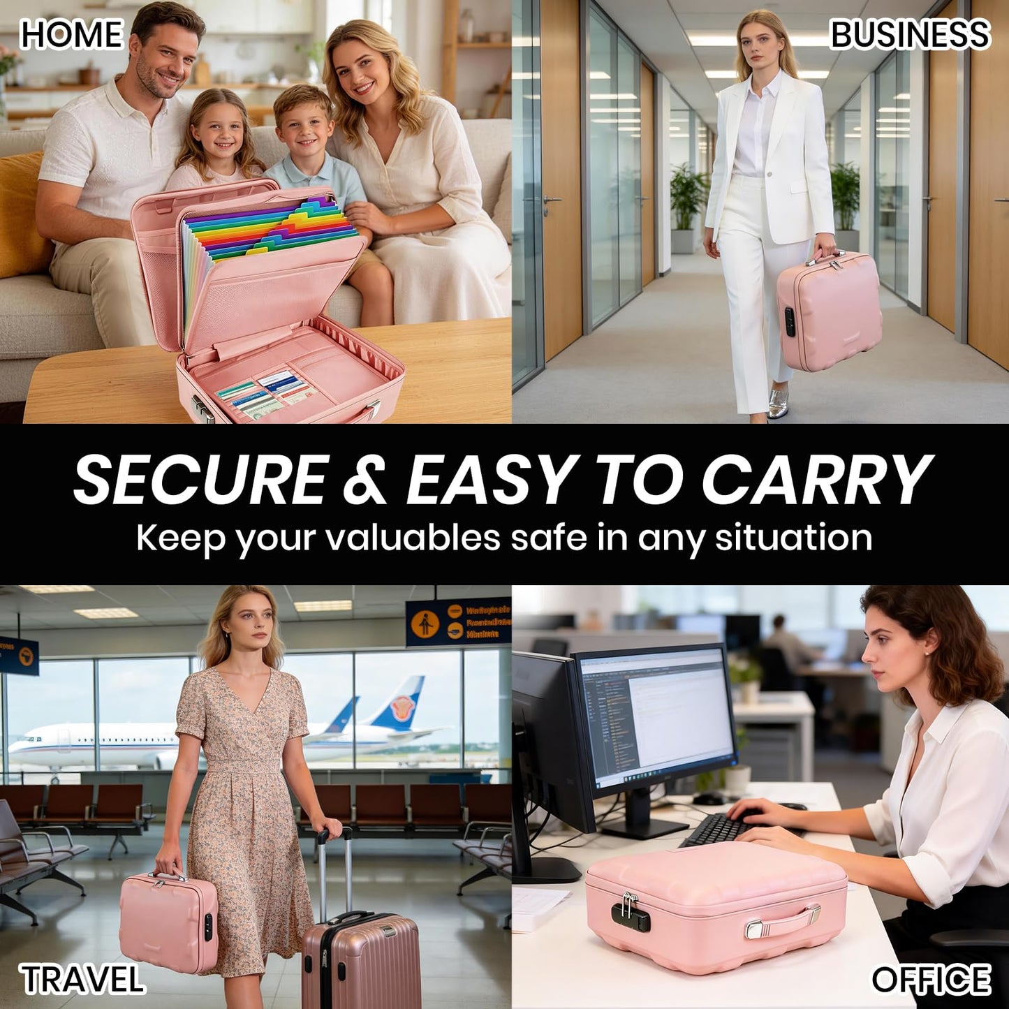 Fireproof Document Box, Hard Case Fireproof File Organizer Box with Lock and 13 Pocket Accordion File Folder, Portable Safe Box for Office Storage Important Documents (Pink)