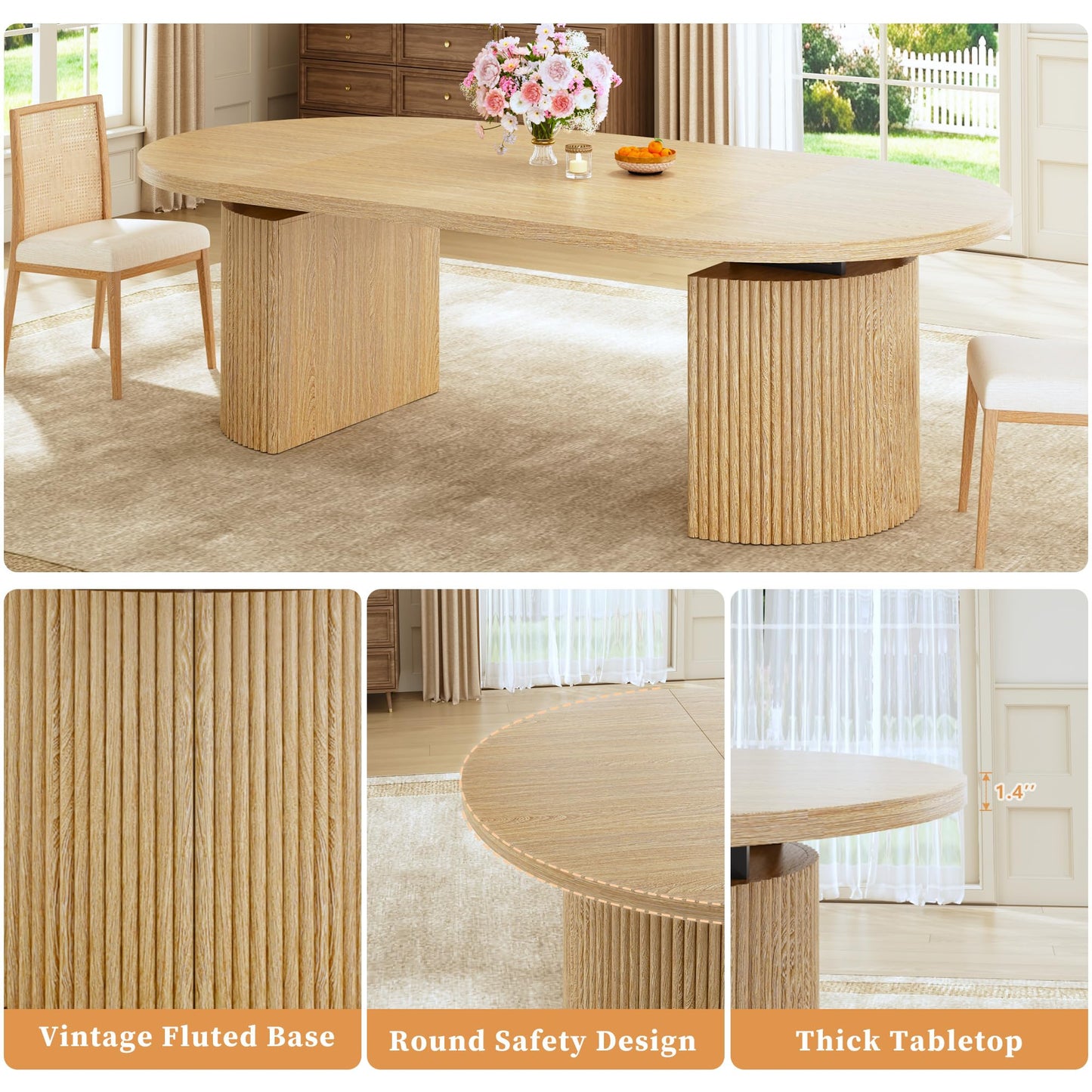 HUAHUU Extendable Round Dining Table for 4-8, 39in-77in Long Large Kitchen Table with Fluted Base, Space Saving Modern Farmhouse Oval Dinner Tables for Dining Room, Kitchen, Living Room, Natural