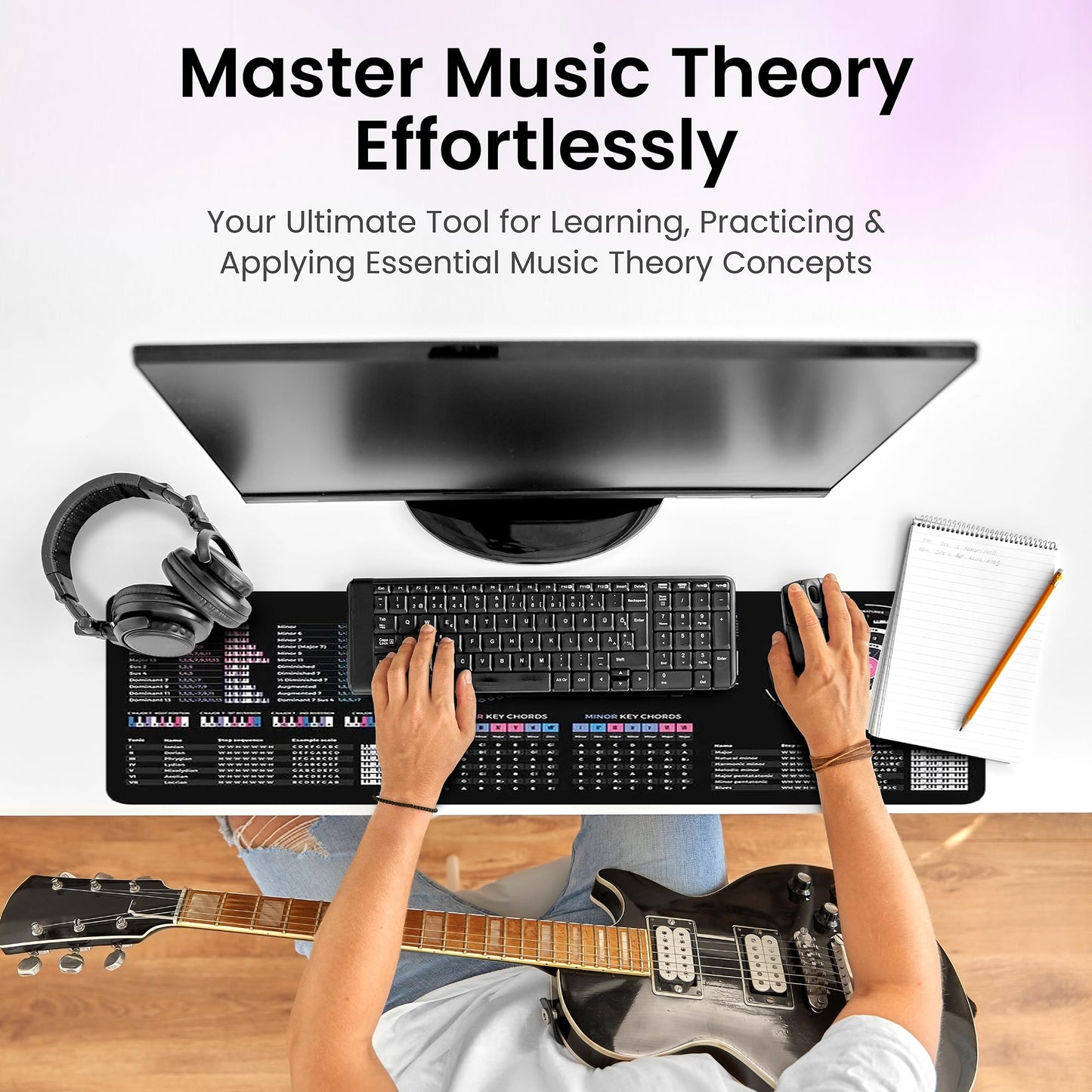 Music Theory Cheat Sheet Mousepad – 35×25cm (13.8"x9.8") & 80×30cm (31.5"x11.8") – Chord Formulas, Circle of Fifths, Modes & Clefs – Music Learning Desk Mat – LED Version Available