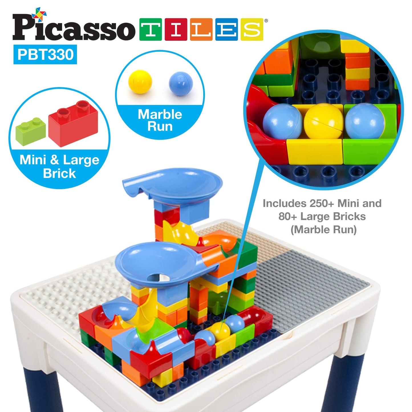 PicassoTiles Kids Activity Center Play Table & Study Desk Set Sandbox Water Tight Container Storage All-in-1 STEM Toy Kit Playset with 330pc Dual Size Building Bricks Construction Blocks Marble Run