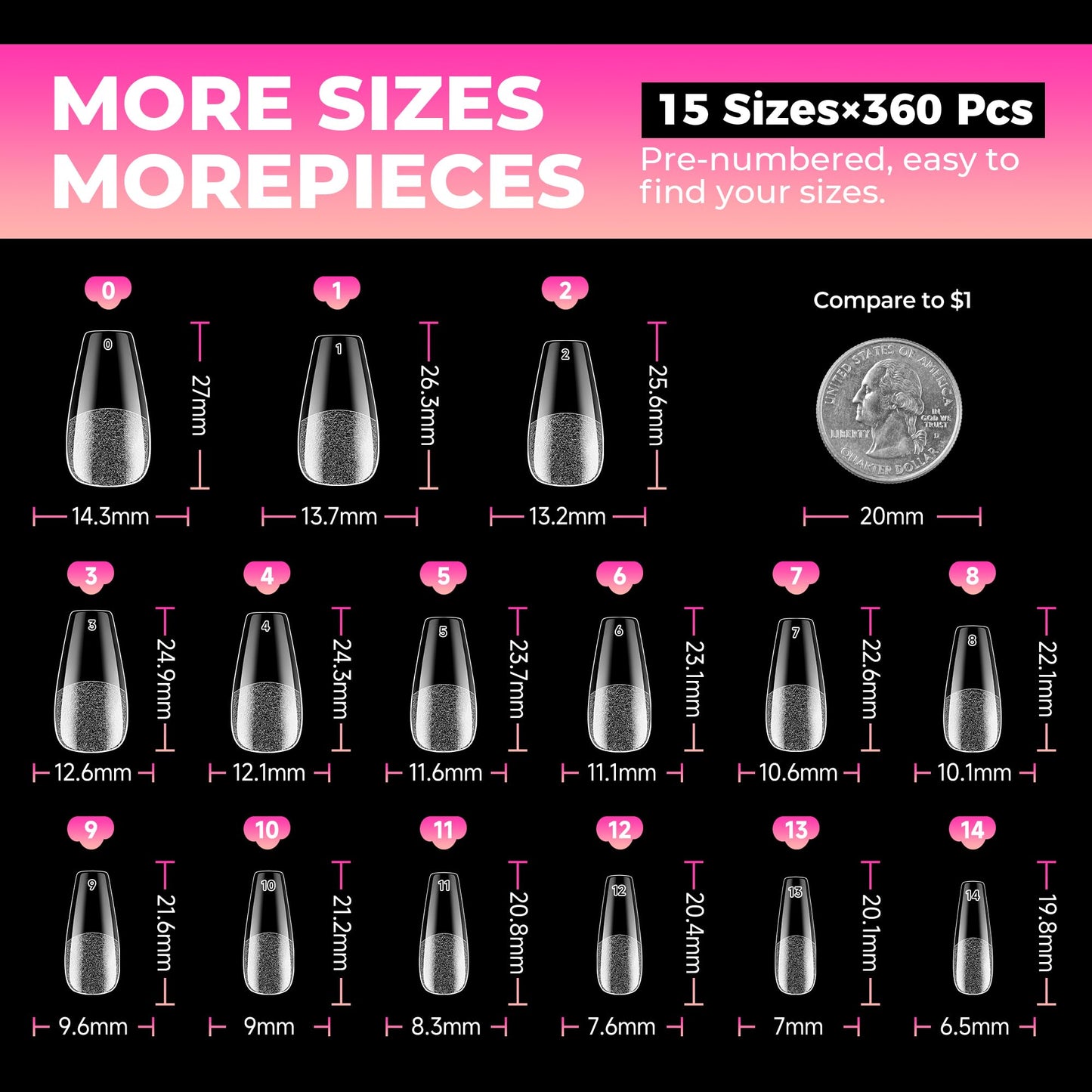 UNA GELLA Coffin Nails Tips: 360Pcs Soft Gel Nail Tips Coffin Medium Pre-Etched Half Matte Full Cover Coffin Press on Nails Clear Acrylic False Nails for Nail Extensions Home DIY Salon 15 Sizes