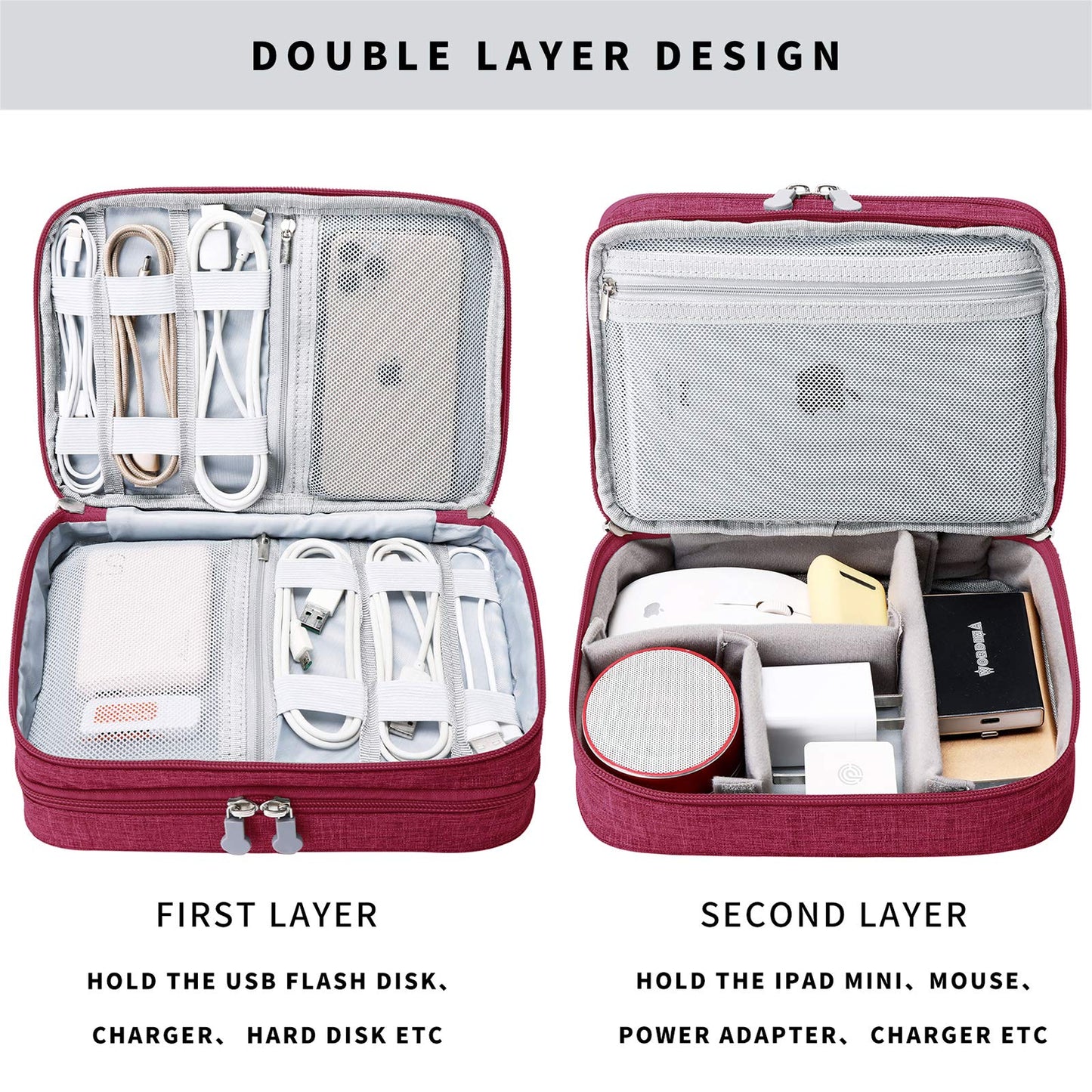 mygreen Travel Cable Organizer Bag, Two-Layer Electronics Accessories Organizer Bag for Cables, Chargers, Power Bank, Mouse,iPad, Phone, Kindle, SD Card, Wires, Cords, and Accessories Red