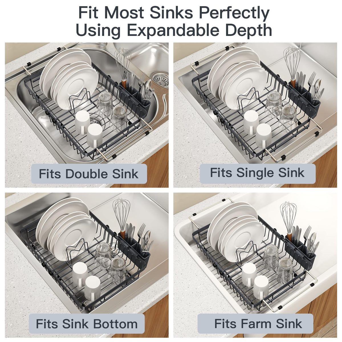 Grey Dish Drying Rack Over The Sink with Utensil Holder