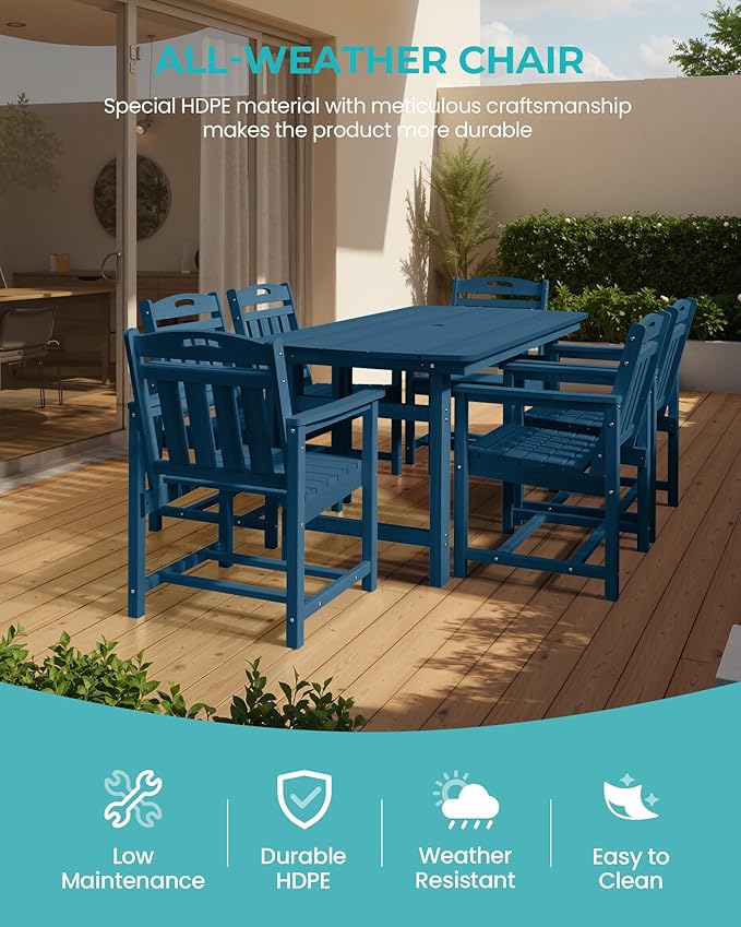 Outdoor Rectangle Dining Table, Heavy-Duty HDPE Table for 6, Weatherproof Patio Table with Umbrella Hole, Rounded Corners for Safety, Navy Blue