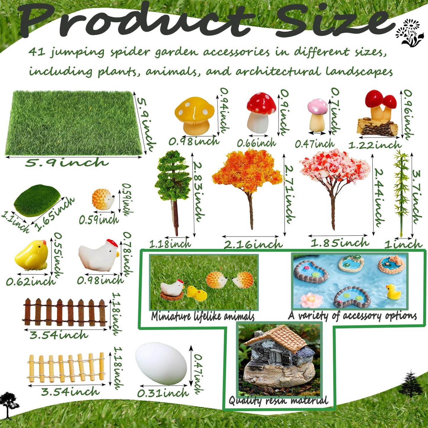 Crehaison 41 Pcs Jumping Spider Enclosure Decor Kit - Miniature Resin Animals & Landscape Figurines for Habitat, Mini Fairy Garden Accessories