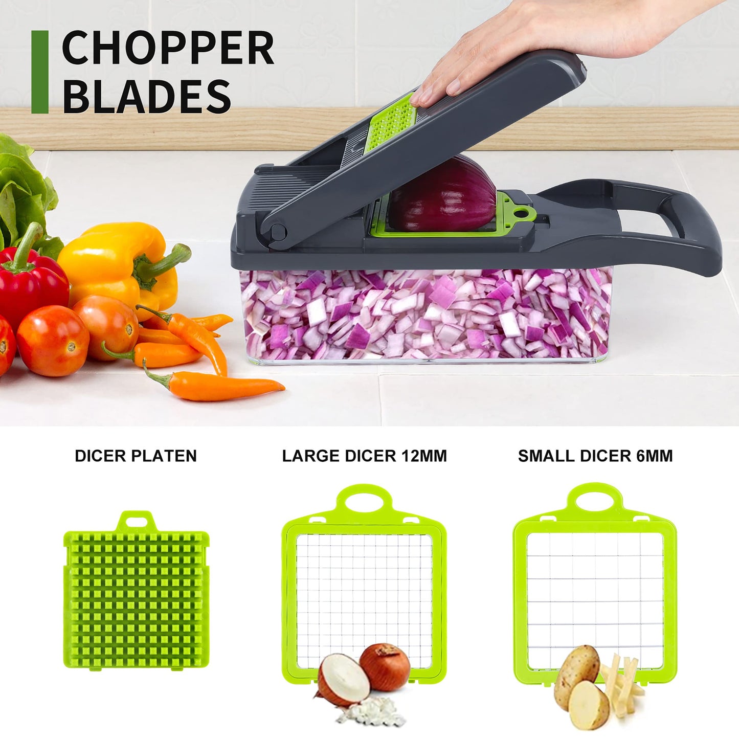 Vegetable Chopper Mandoline Slicer,Veggie Chopper, Multifunctional 10 in 1 Food Choppers, Kitchen Vegetable Slicer Dicer Cutter,Onion Mincer,Cheese,Colander Basket,Kitchen Gadgets (Gray/Green)