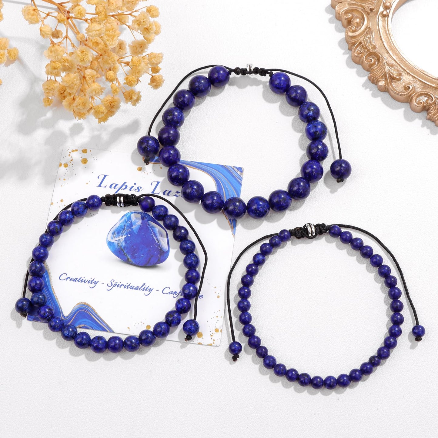 Pendlixy 4MM Lapis Lazuli Beaded Bracelet Handmade Adjustable Natural Lapis Lazuli Stone Crystal Bracelet Healing Inspirational Gifts for Women Men