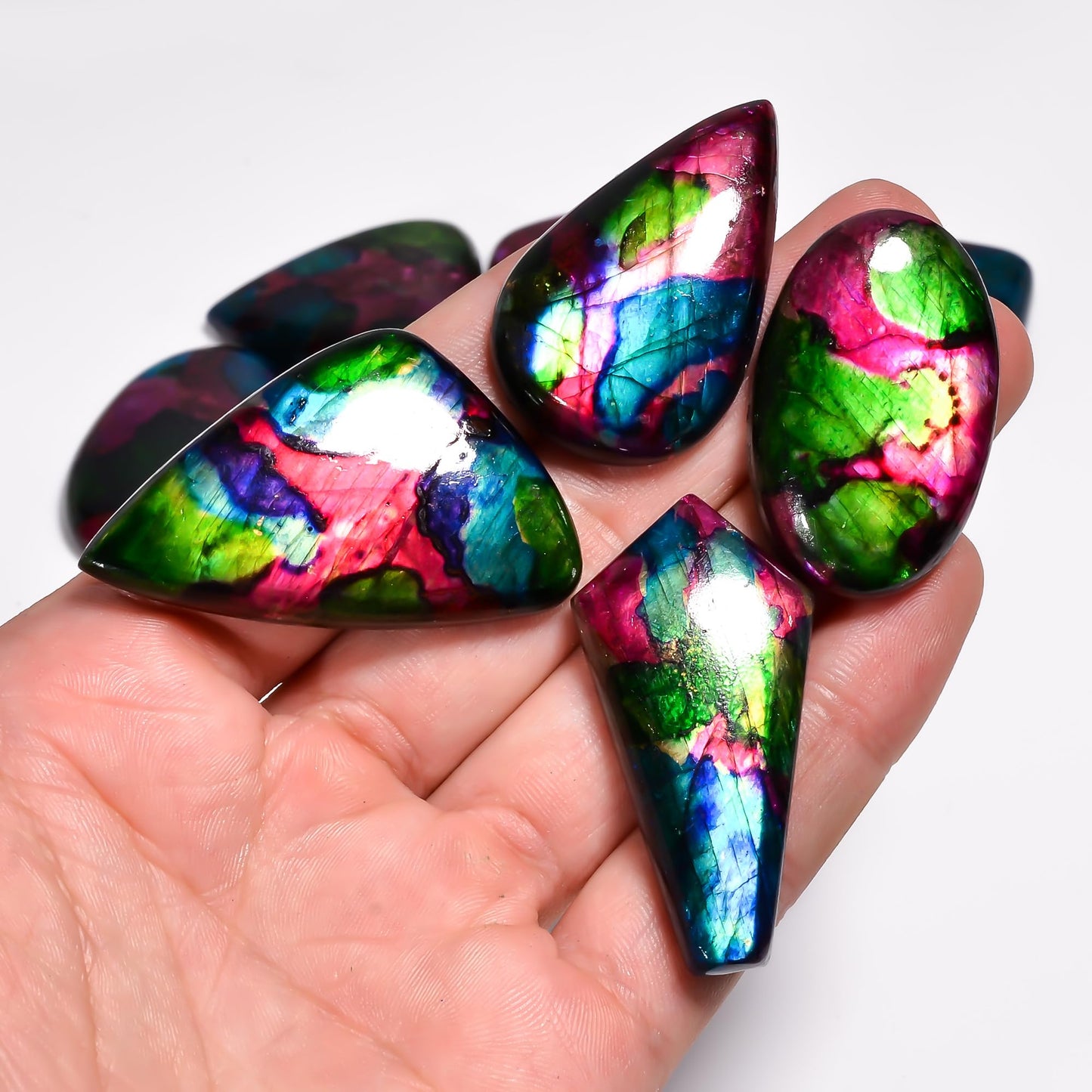 GEMKORA [30-40mm] [3pcs] Large Rainbow Pattern Labradorite Gemstones Cabochons, Jewelry Making Loose Gemstone, Polished Gems, DIY, Wire Wrapping, Reiki, Wikka, Healing Crystals, Bulk Gemstone Deal