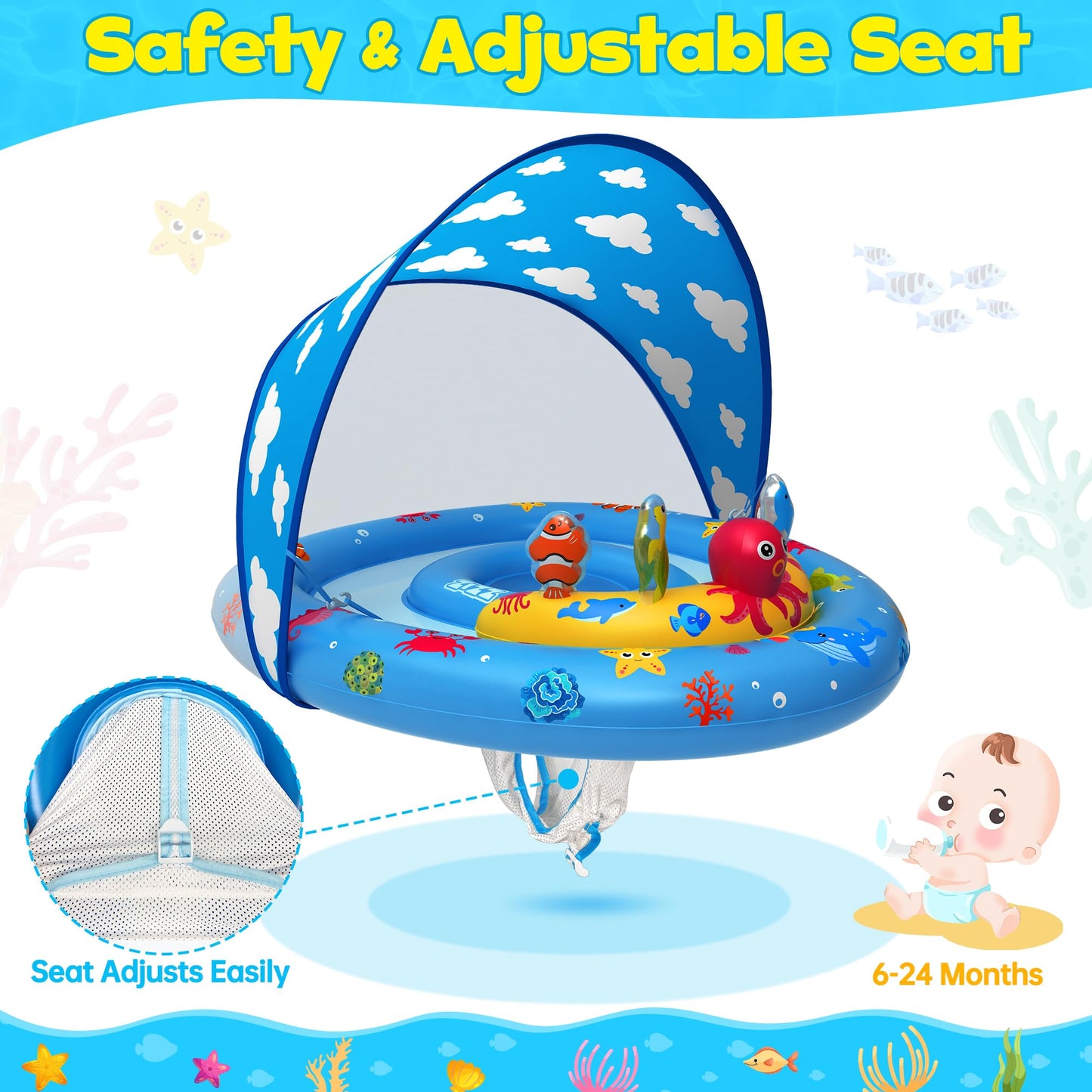 ZIZZ Baby Pool Float with Canopy - Inflatable Baby Swimming Float with UPF50+Sun Protection, Infant Pool Float with Toy Play Console Adjustable Seat for Boys Girls Toddler 6-36 Months