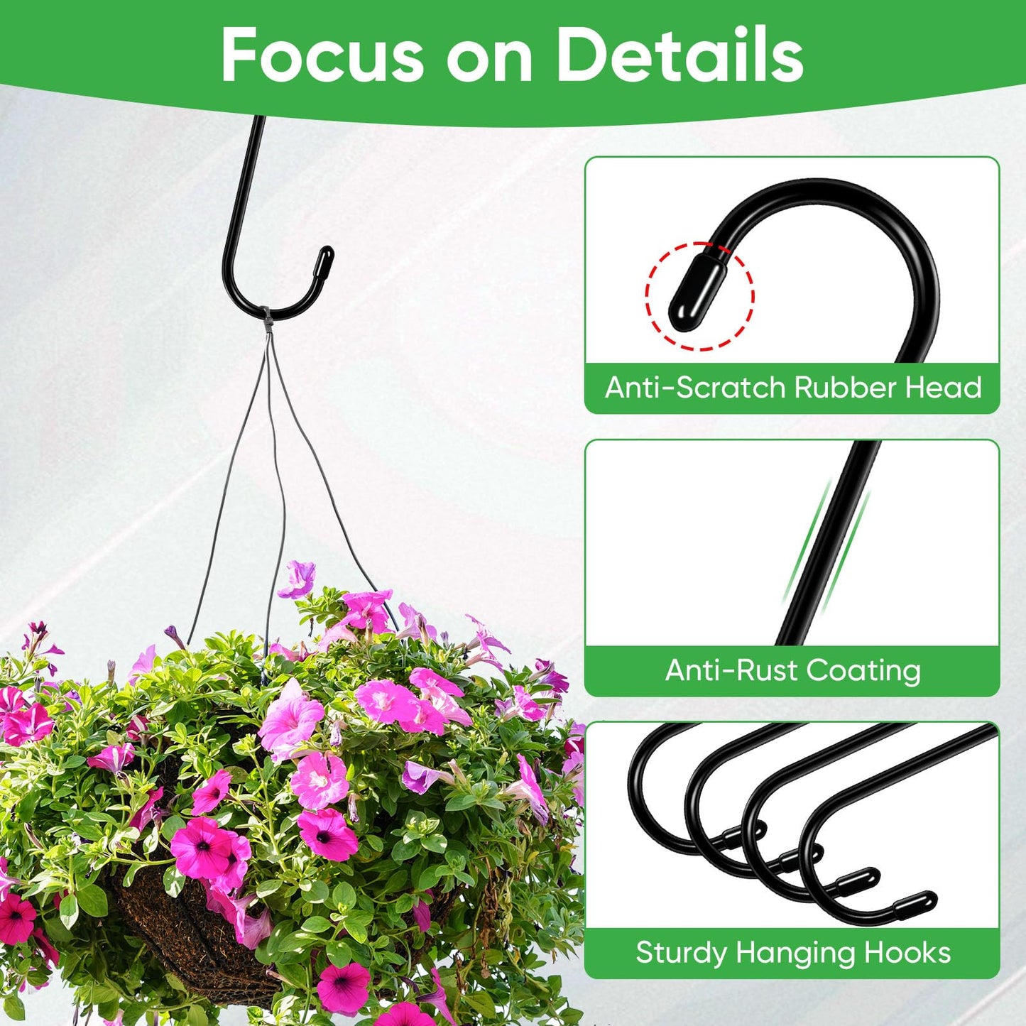 HiGift 8 Pack 12 Inch Long S Hooks for Hanging Plants, Large Plant Hooks for Hanging Baskets Heavy Duty, Black Extender Hooks for Kitchenware, Pergola, Closet, Flower Basket, Bird Feeder, Wind Chimes