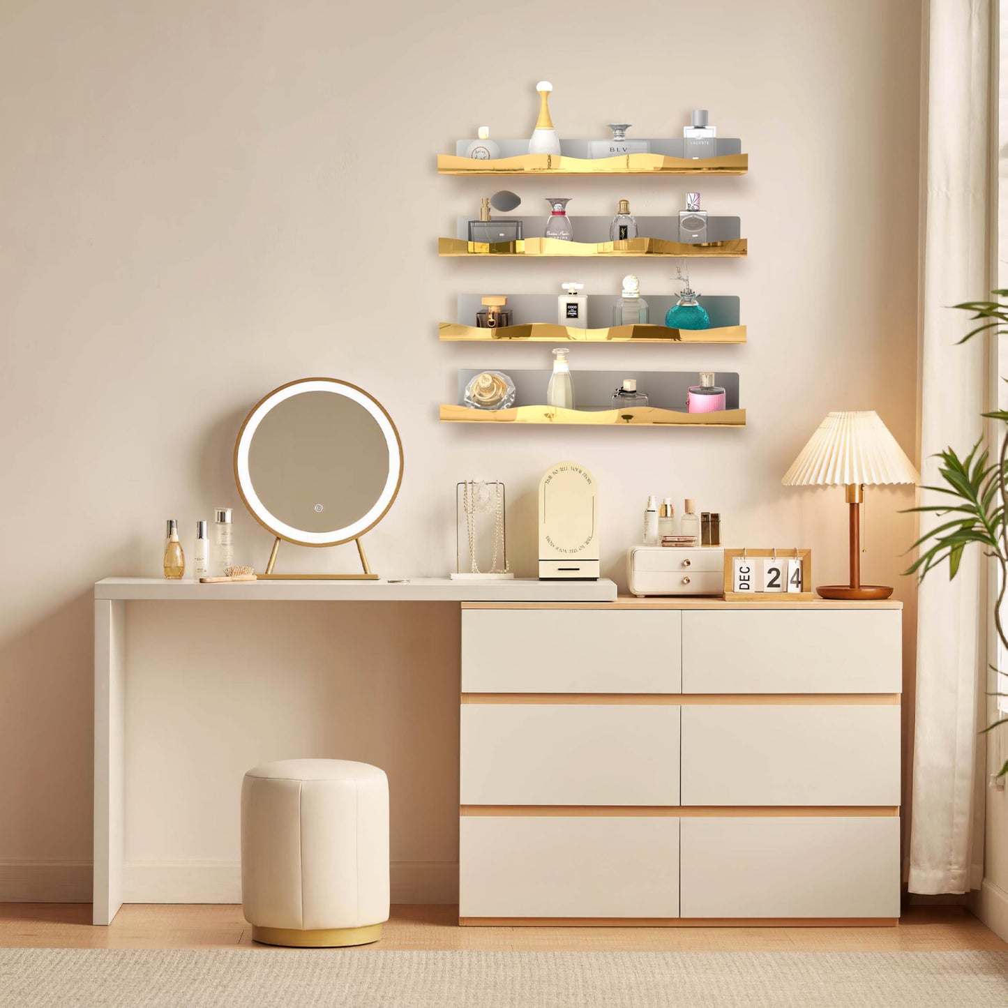 YMVV 15.7 in Large Golden Reflective Acrylic Mounted Floating Shelf, Perfume Organizer Shelf, Modern Bathroom Storage Toy Display Organizer Decor 4 Pack